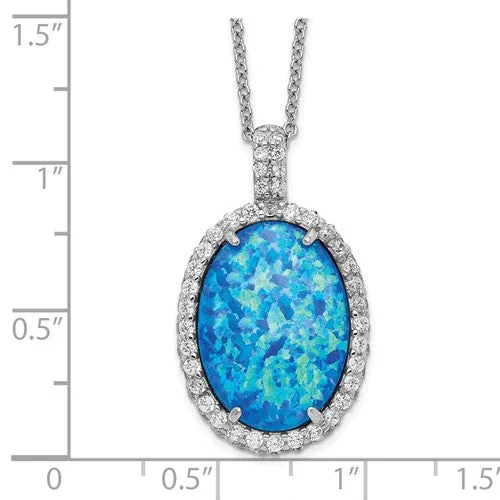 Cheryl M Sterling Silver Blue Oval Opal & CZ Halo Pendant Necklace