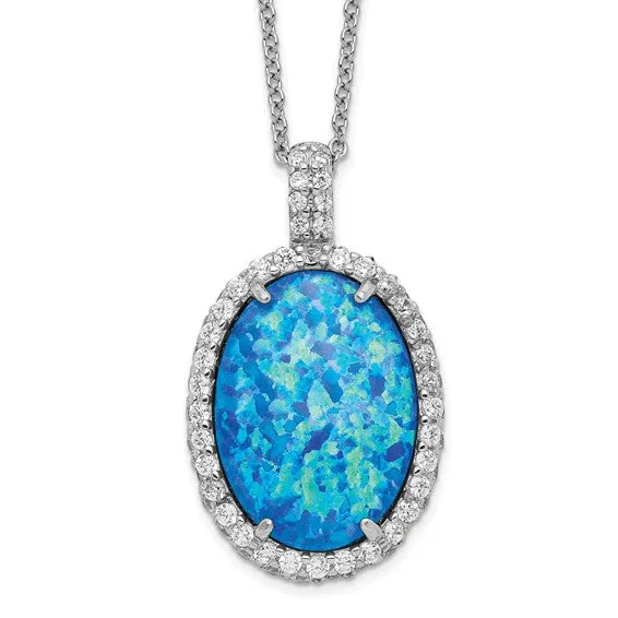 Cheryl M Sterling Silver Blue Oval Opal & CZ Halo Pendant Necklace