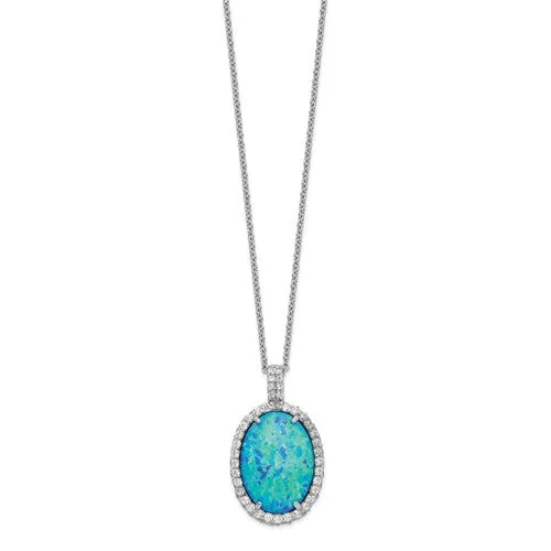 Cheryl M Sterling Silver Blue Oval Opal & CZ Halo Pendant Necklace