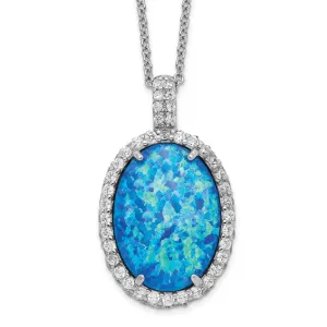 Cheryl M Sterling Silver Blue Oval Opal & CZ Halo Pendant Necklace