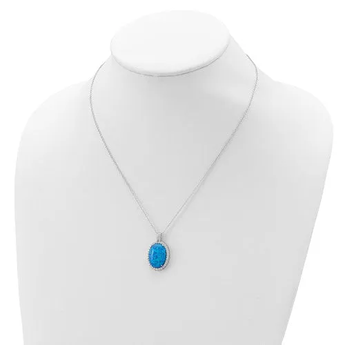 Cheryl M Sterling Silver Blue Oval Opal & CZ Halo Pendant Necklace