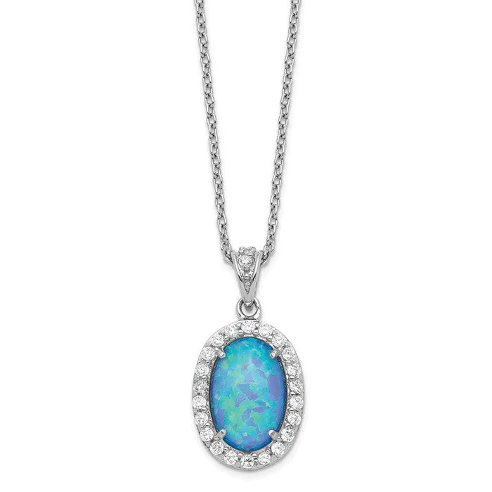 Cheryl M Sterling Silver Blue Oval Opal & CZ Pendant Necklace