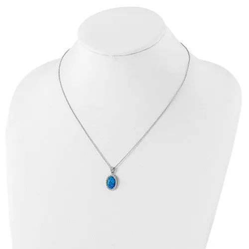 Cheryl M Sterling Silver Blue Oval Opal & CZ Pendant Necklace