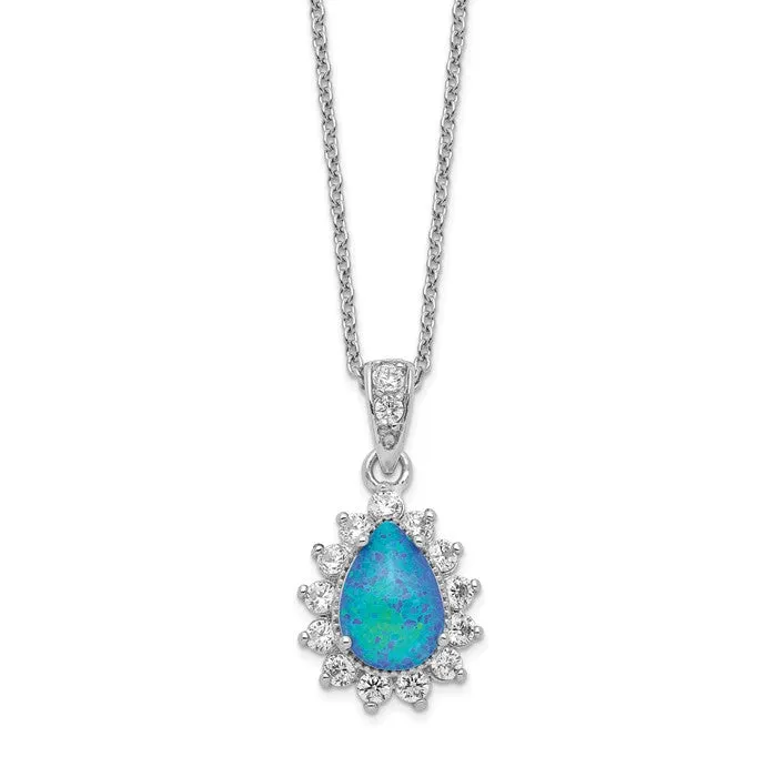 Cheryl M Sterling Silver CZ Blue Opal Pear Halo Pendant Necklace