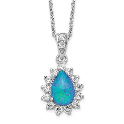 Cheryl M Sterling Silver CZ Blue Opal Pear Halo Pendant Necklace
