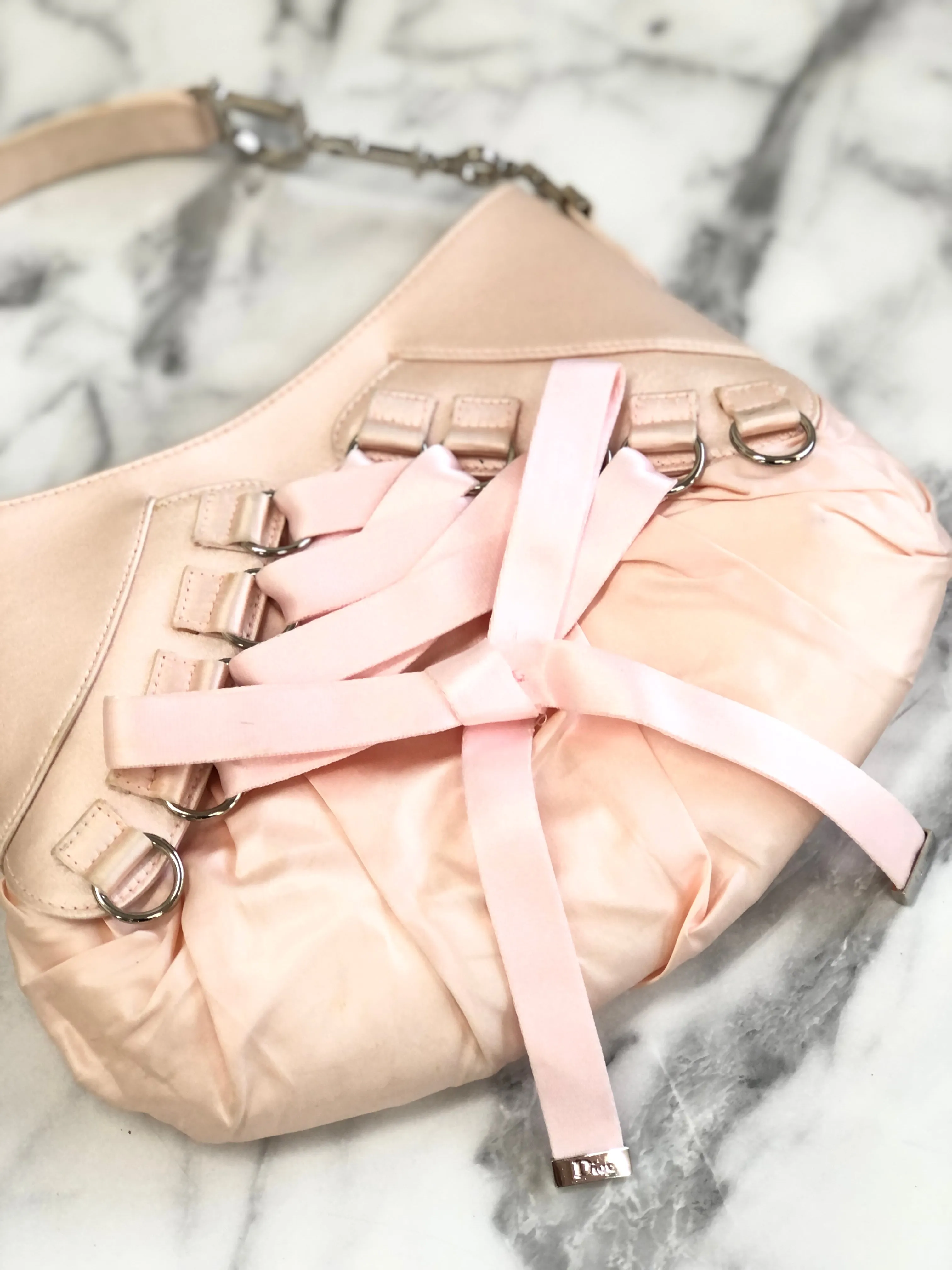 Christian Dior Logo Lace up Satin Handbag Pink Vintage ybskij