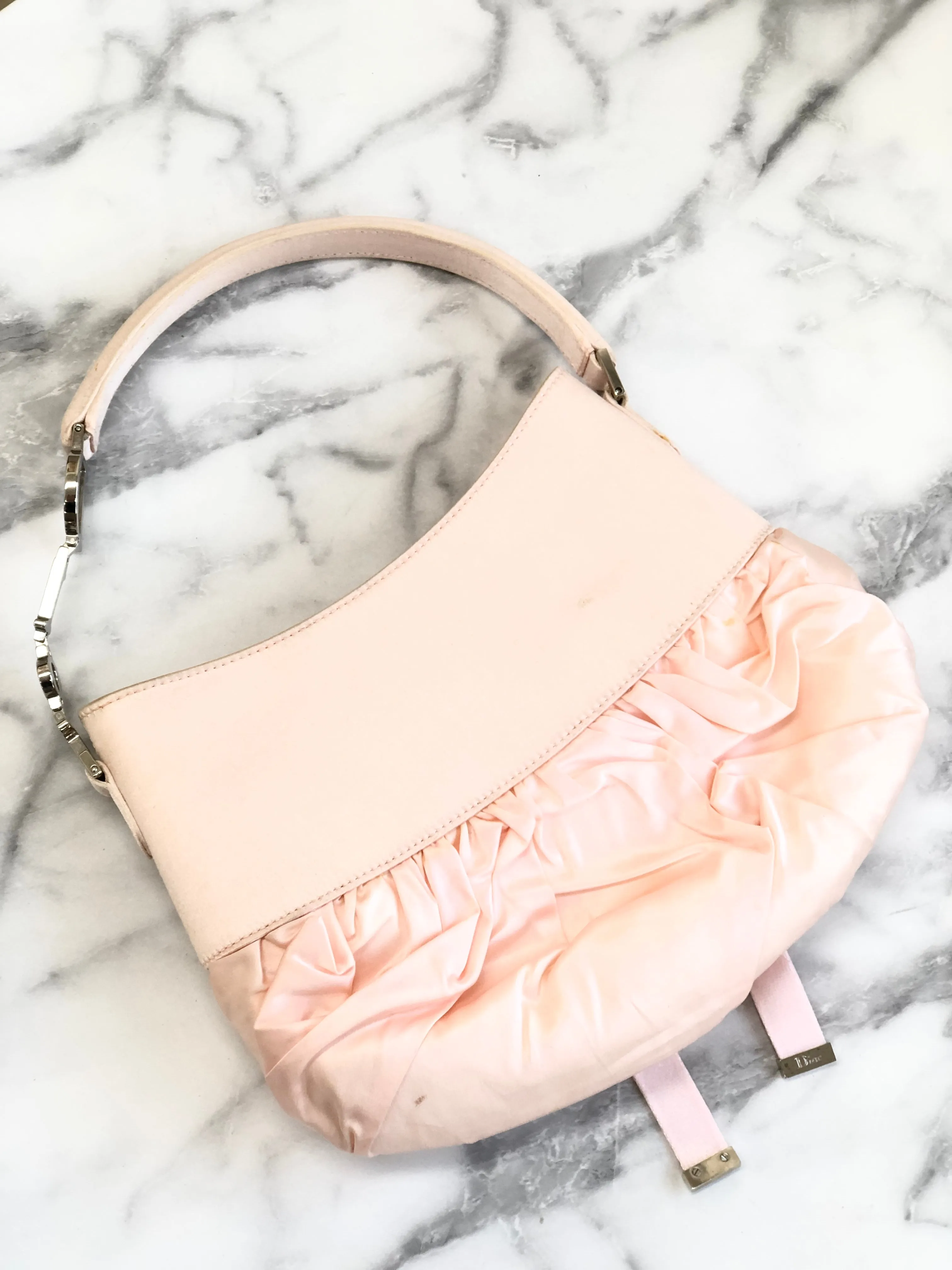 Christian Dior Logo Lace up Satin Handbag Pink Vintage ybskij