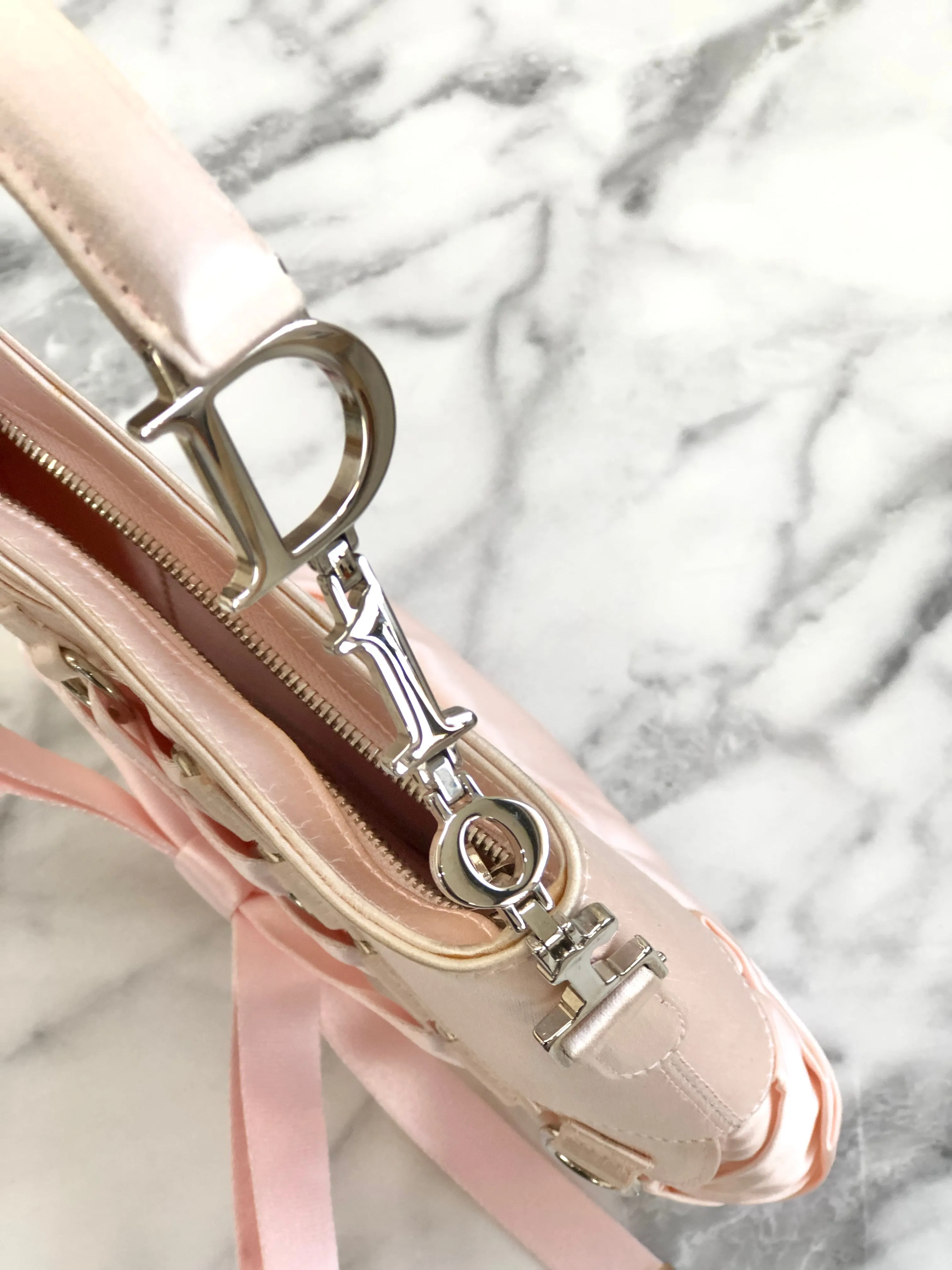 Christian Dior Logo Lace up Satin Handbag Pink Vintage ybskij
