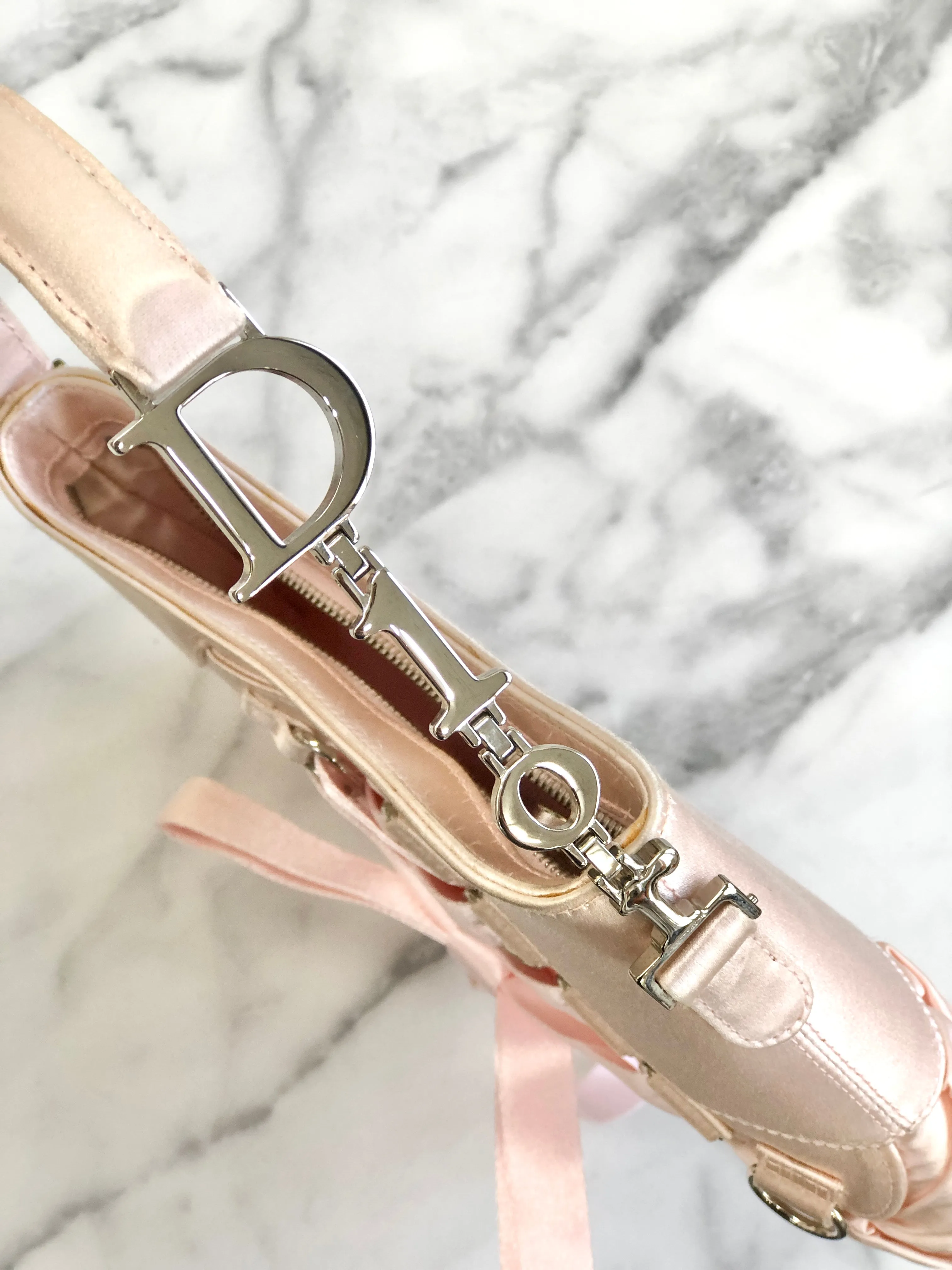 Christian Dior Logo Lace up Satin Handbag Pink Vintage ybskij