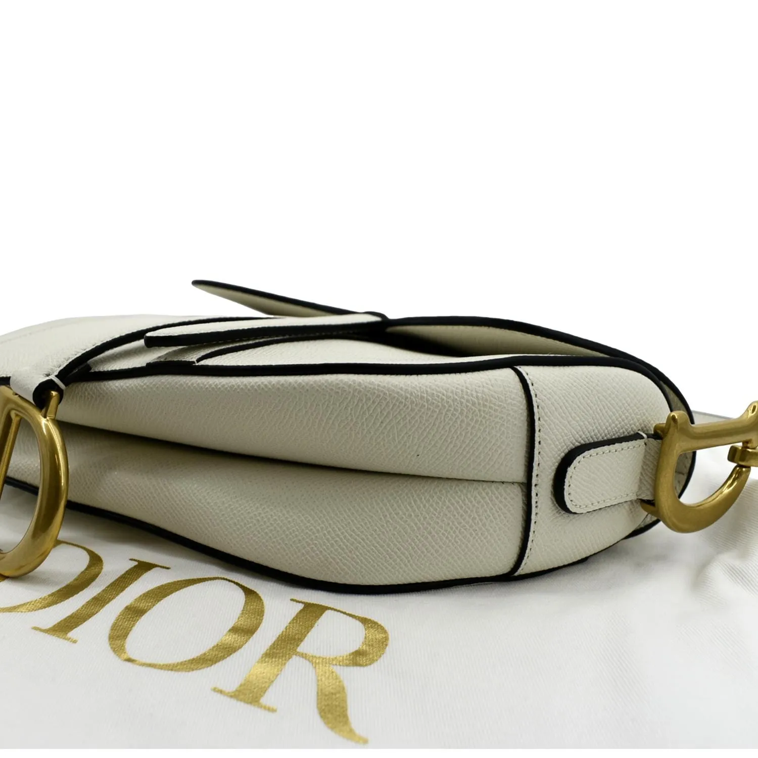 CHRISTIAN DIOR Saddle Grained Calfskin Leather Shoulder Bag Ivory