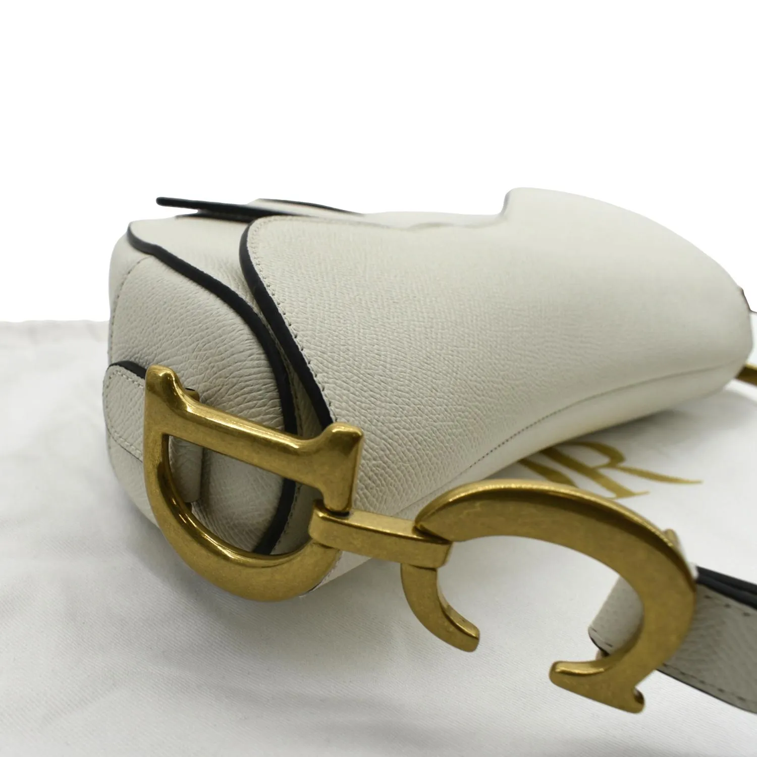 CHRISTIAN DIOR Saddle Grained Calfskin Leather Shoulder Bag Ivory