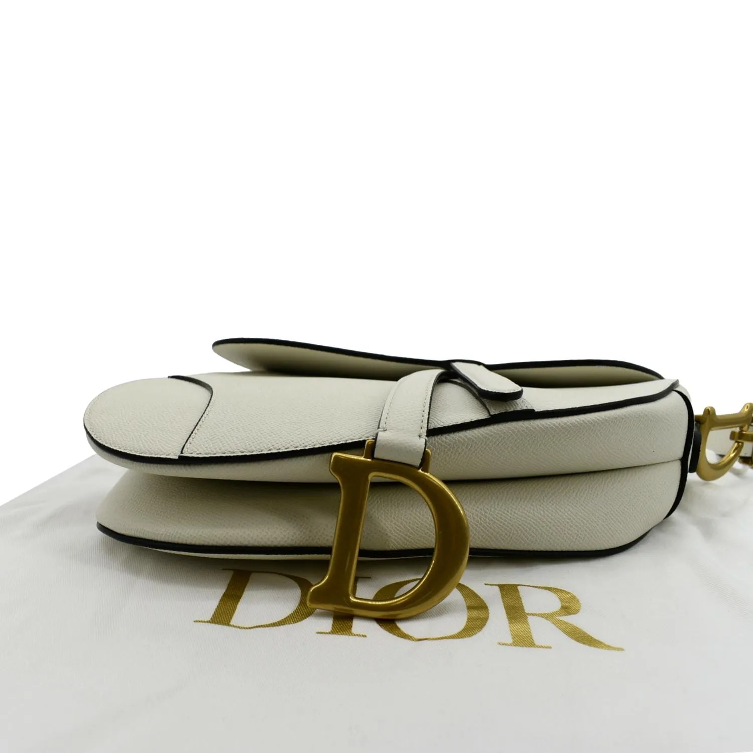 CHRISTIAN DIOR Saddle Grained Calfskin Leather Shoulder Bag Ivory