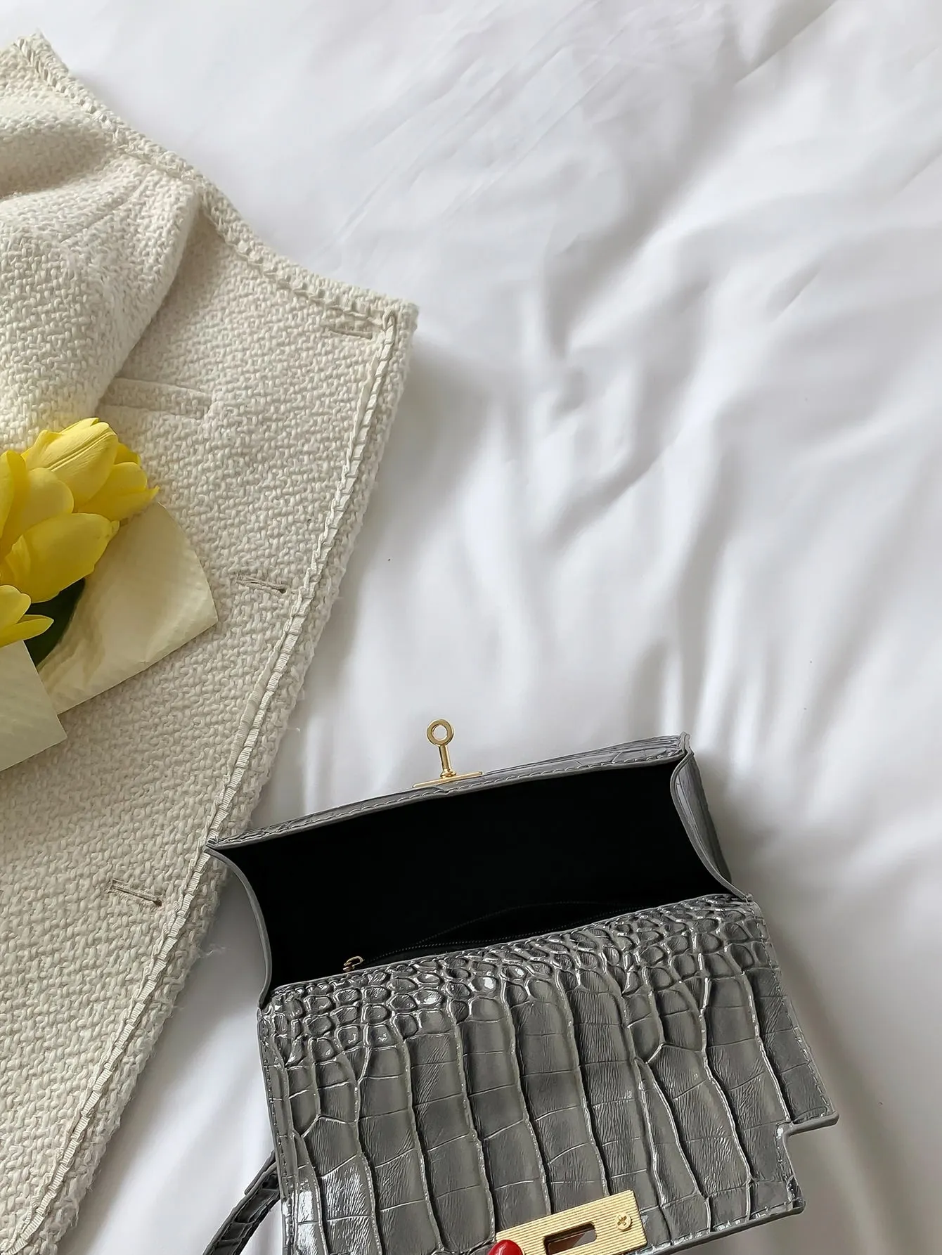 Crocodile Embossed Flap Square Bag - Grey
