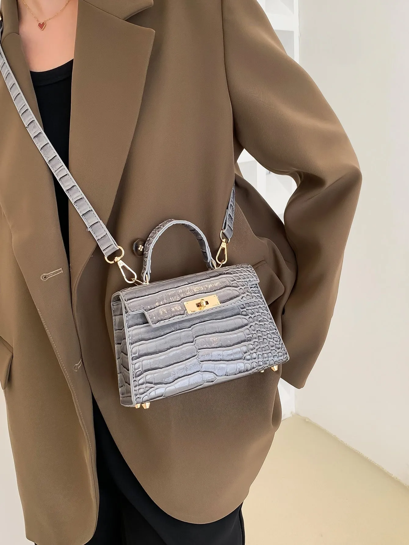 Crocodile Embossed Flap Square Bag - Grey