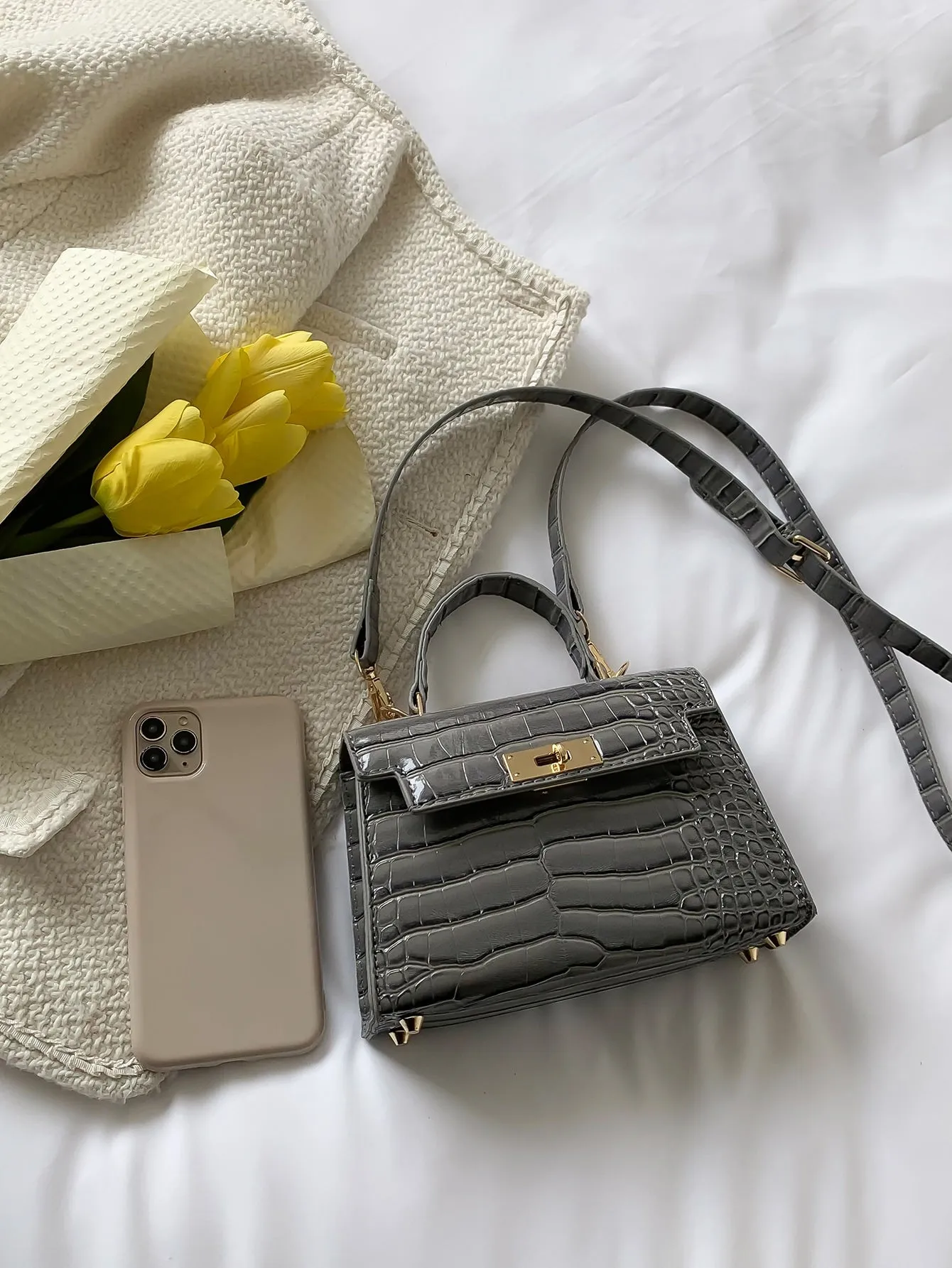 Crocodile Embossed Flap Square Bag - Grey