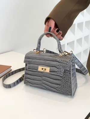 Crocodile Embossed Flap Square Bag - Grey