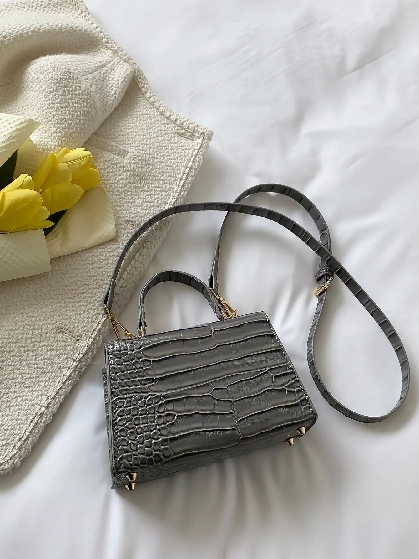 Crocodile Embossed Flap Square Bag - Grey