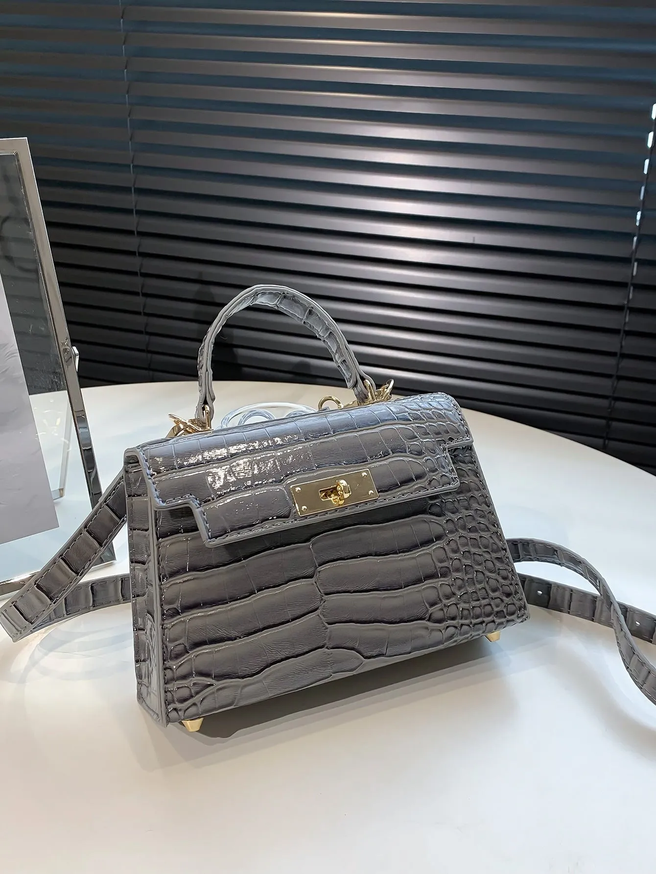 Crocodile Embossed Flap Square Bag - Grey