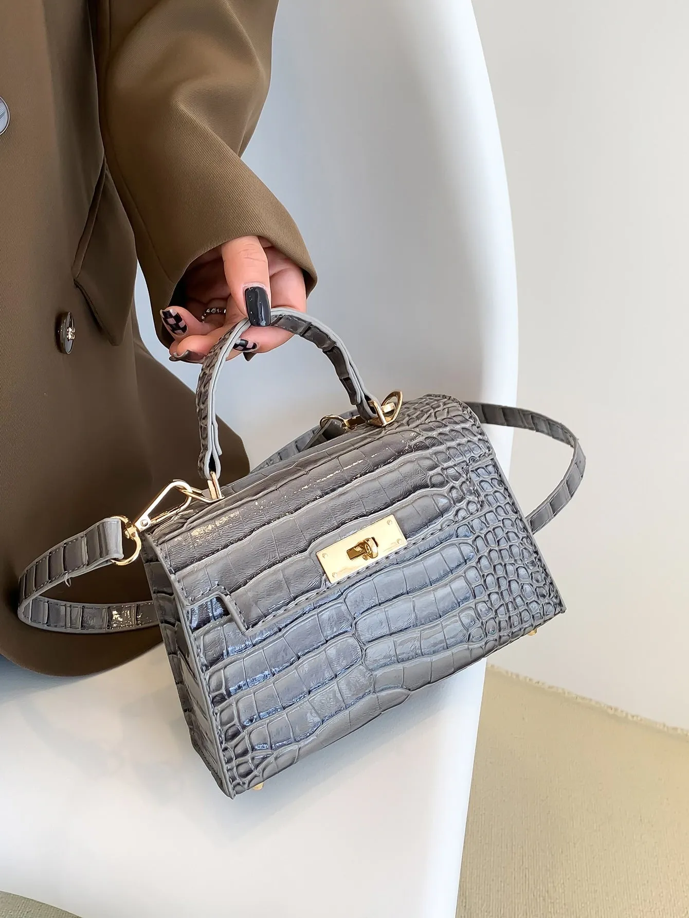 Crocodile Embossed Flap Square Bag - Grey