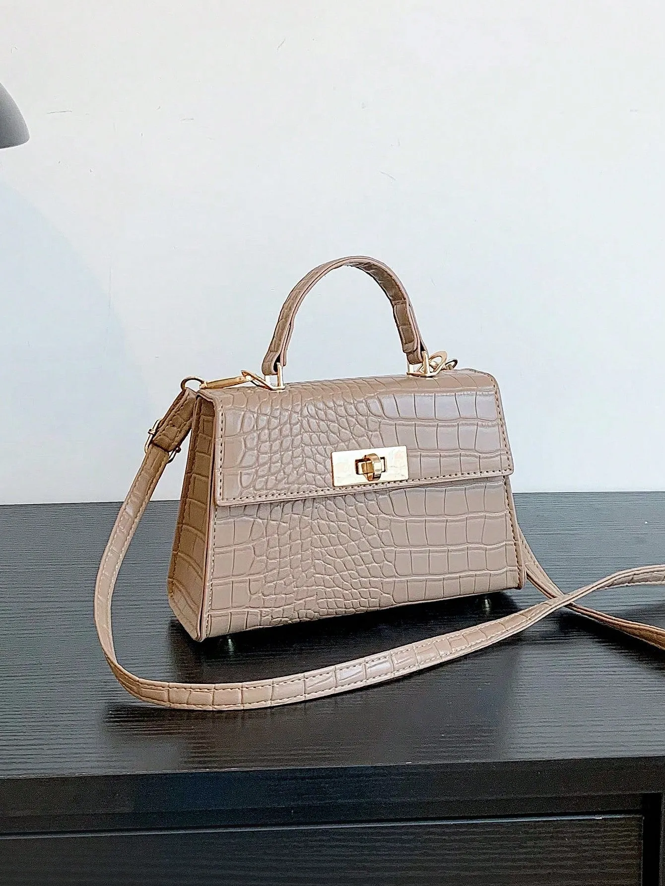 Crocodile Embossed Mini Flap Square Bag - Khaki