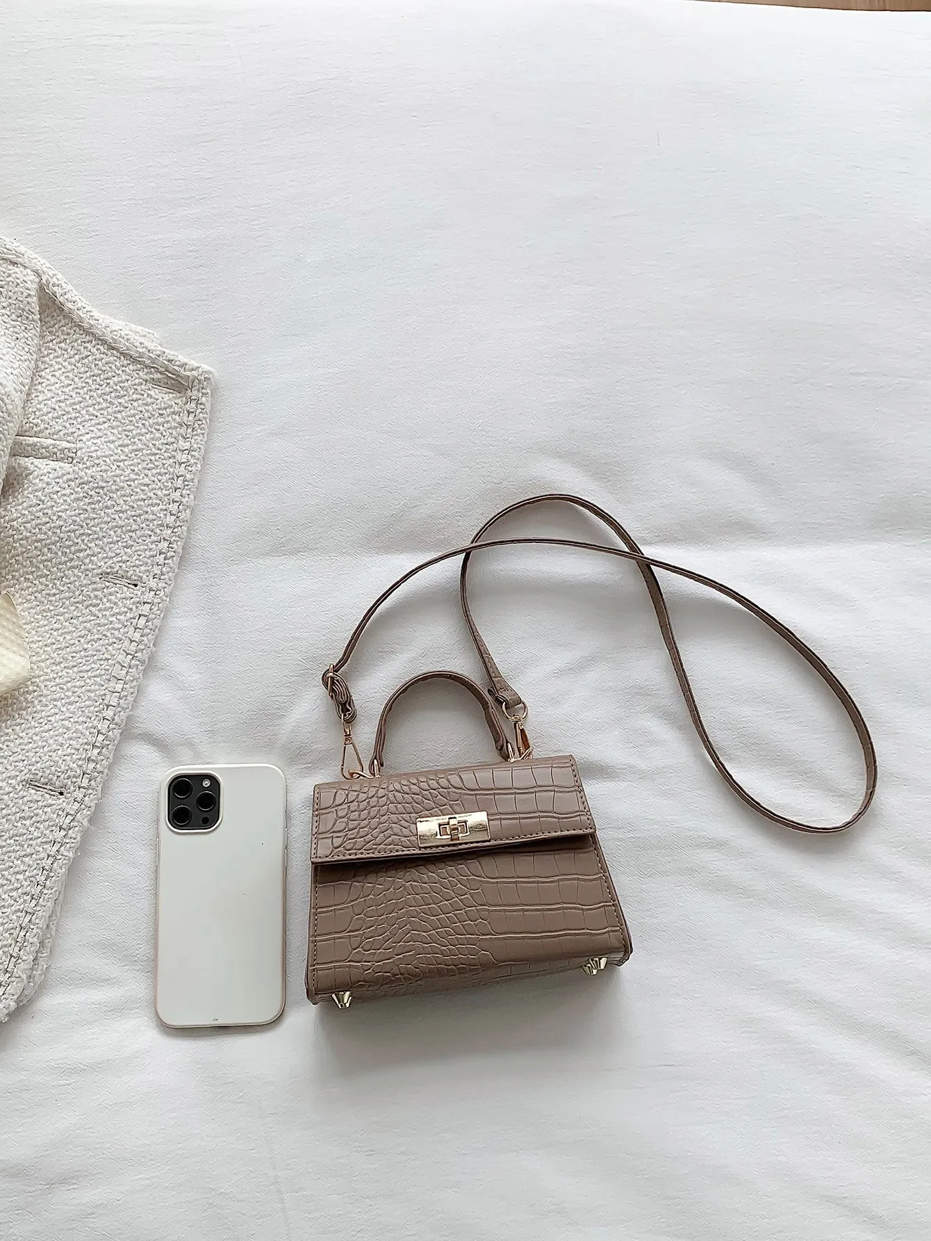 Crocodile Embossed Mini Flap Square Bag - Khaki