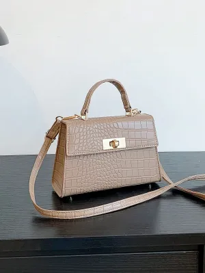 Crocodile Embossed Mini Flap Square Bag - Khaki