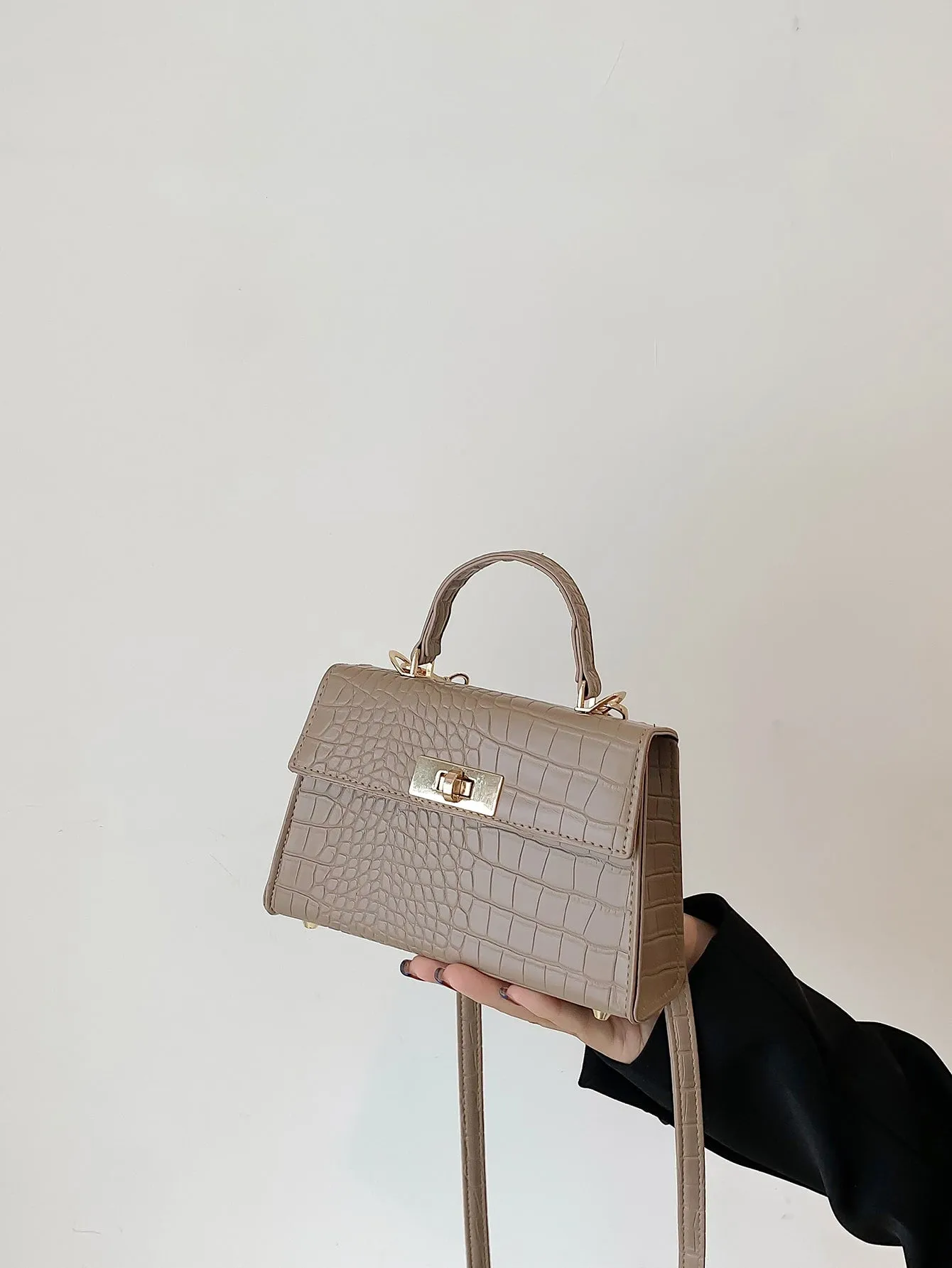 Crocodile Embossed Mini Flap Square Bag - Khaki