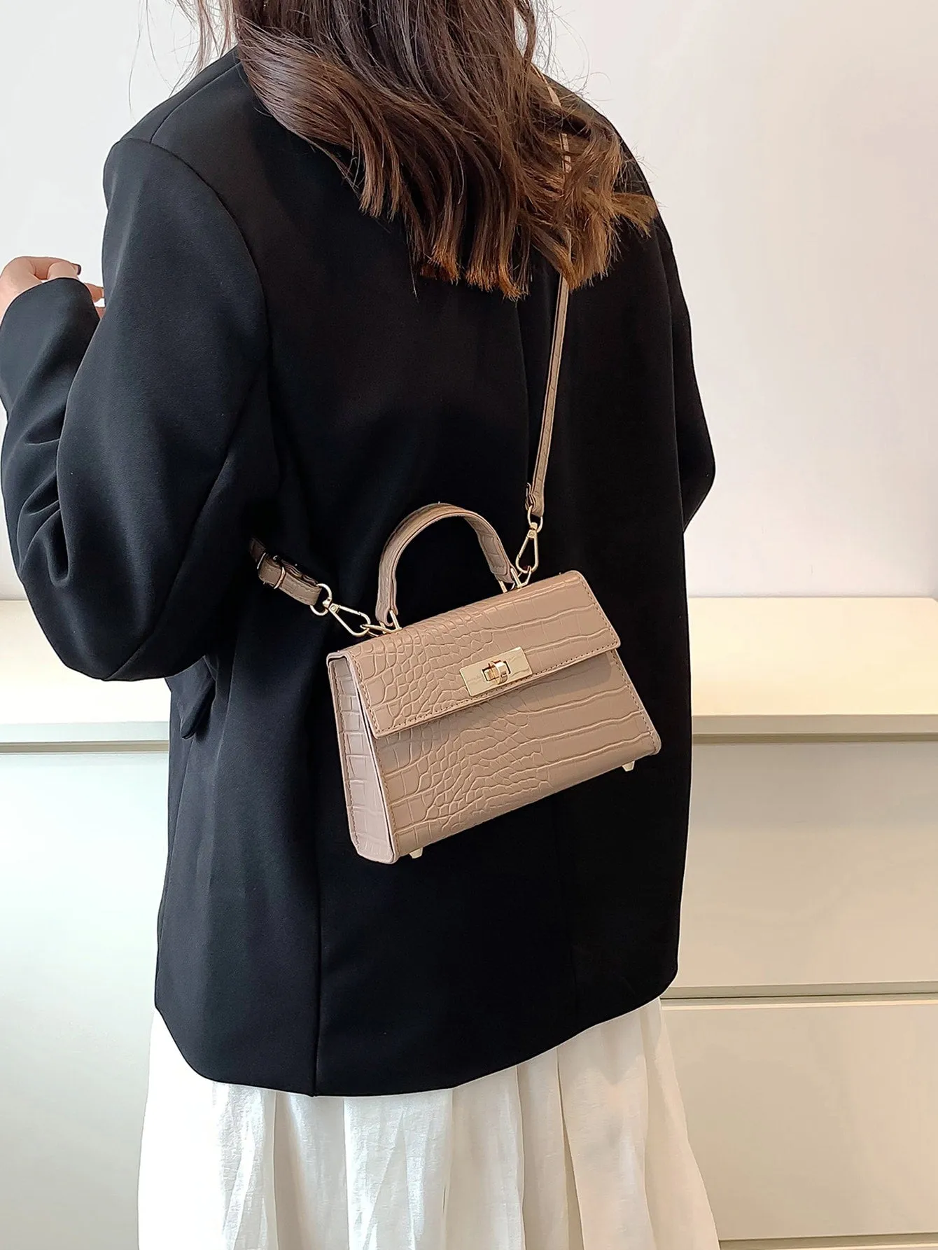 Crocodile Embossed Mini Flap Square Bag - Khaki