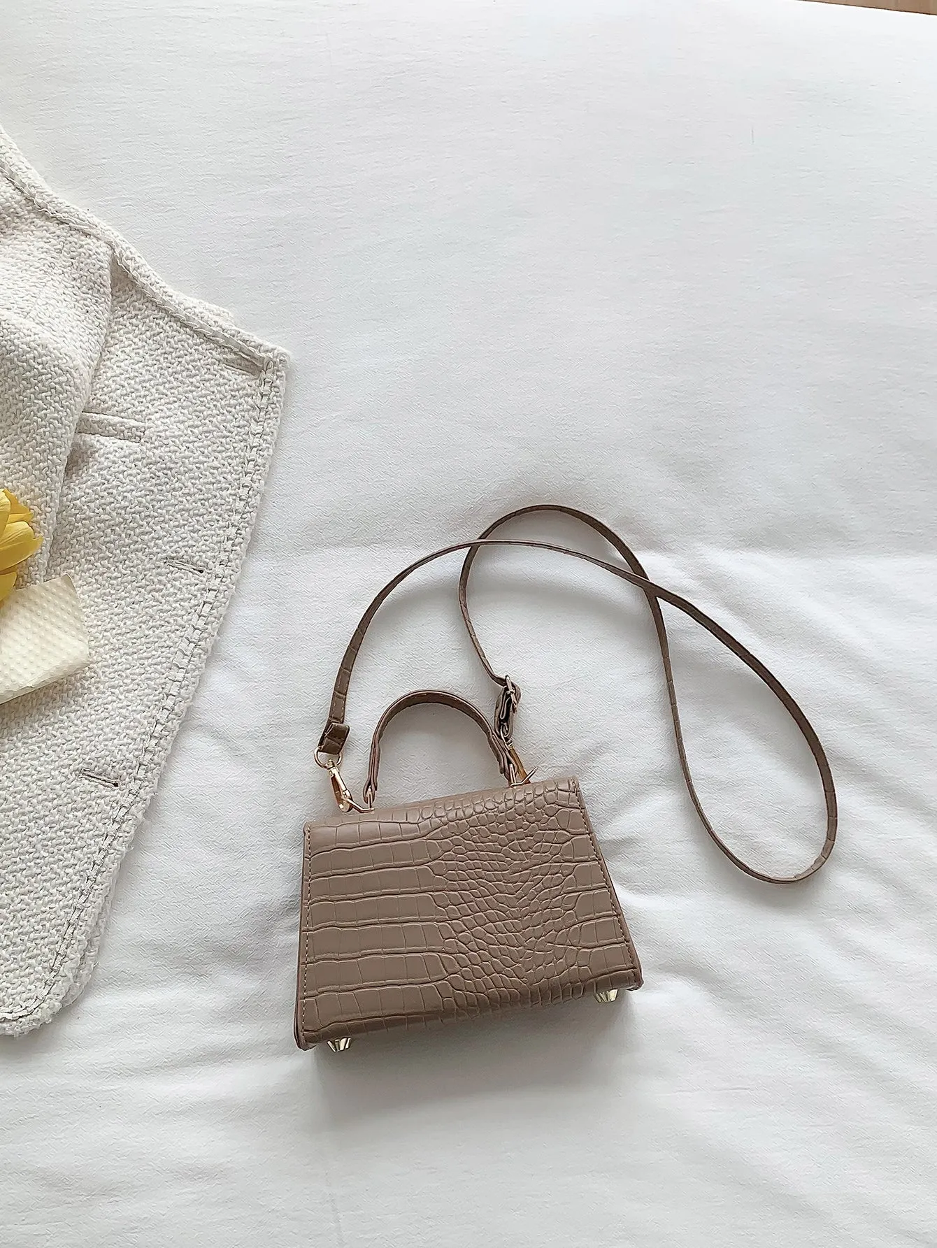Crocodile Embossed Mini Flap Square Bag - Khaki
