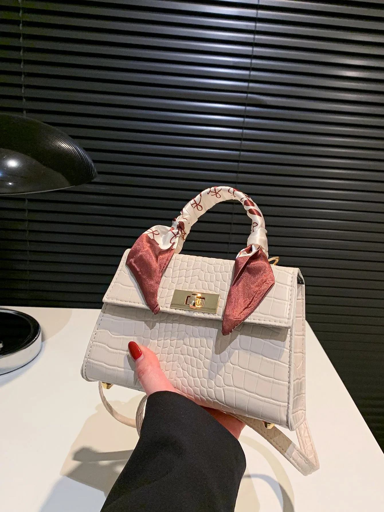 Crocodile Embossed Twill Scarf Decor Square Bag - Beige
