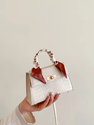 Crocodile Embossed Twill Scarf Decor Square Bag - Beige