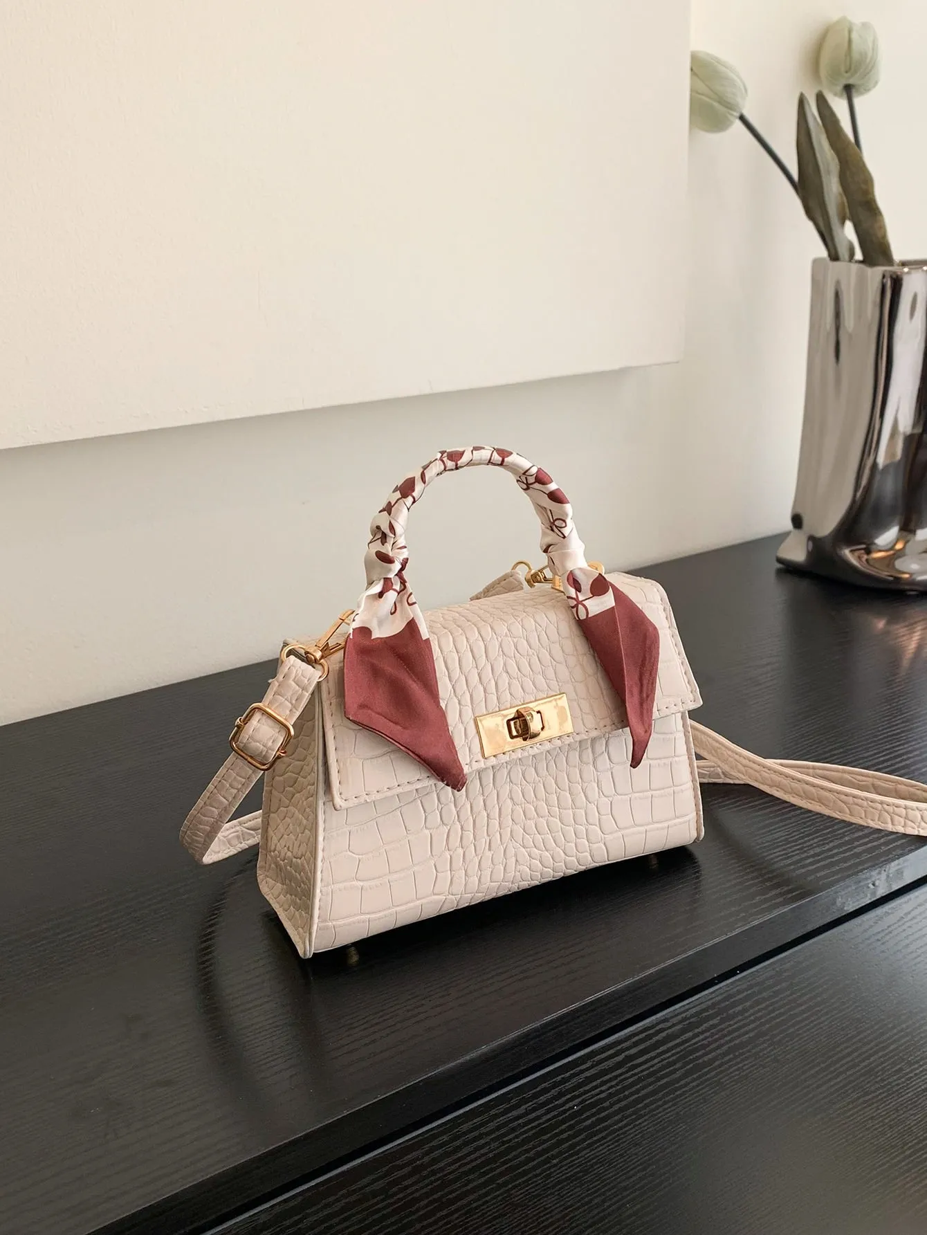Crocodile Embossed Twill Scarf Decor Square Bag - Beige