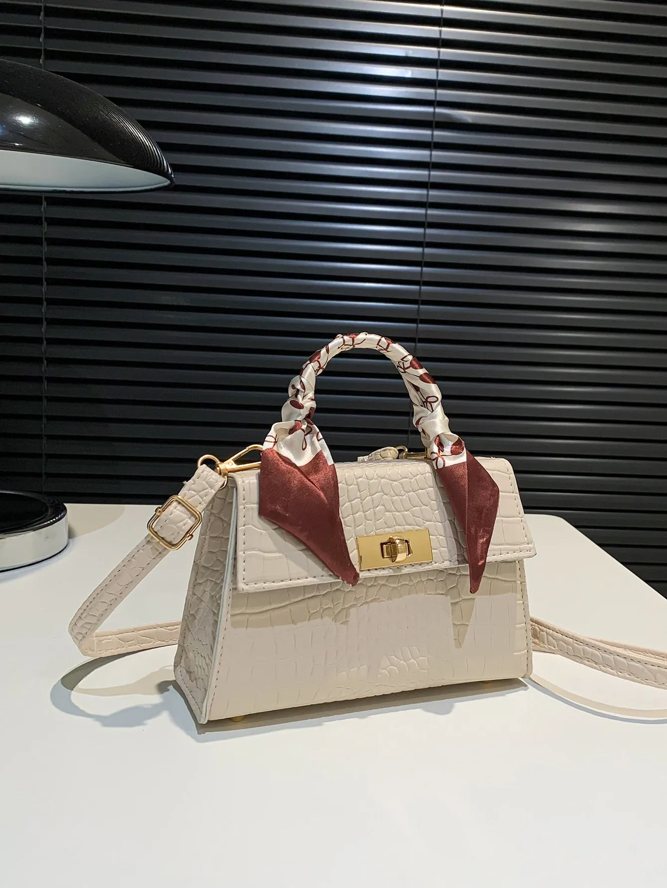 Crocodile Embossed Twill Scarf Decor Square Bag - Beige
