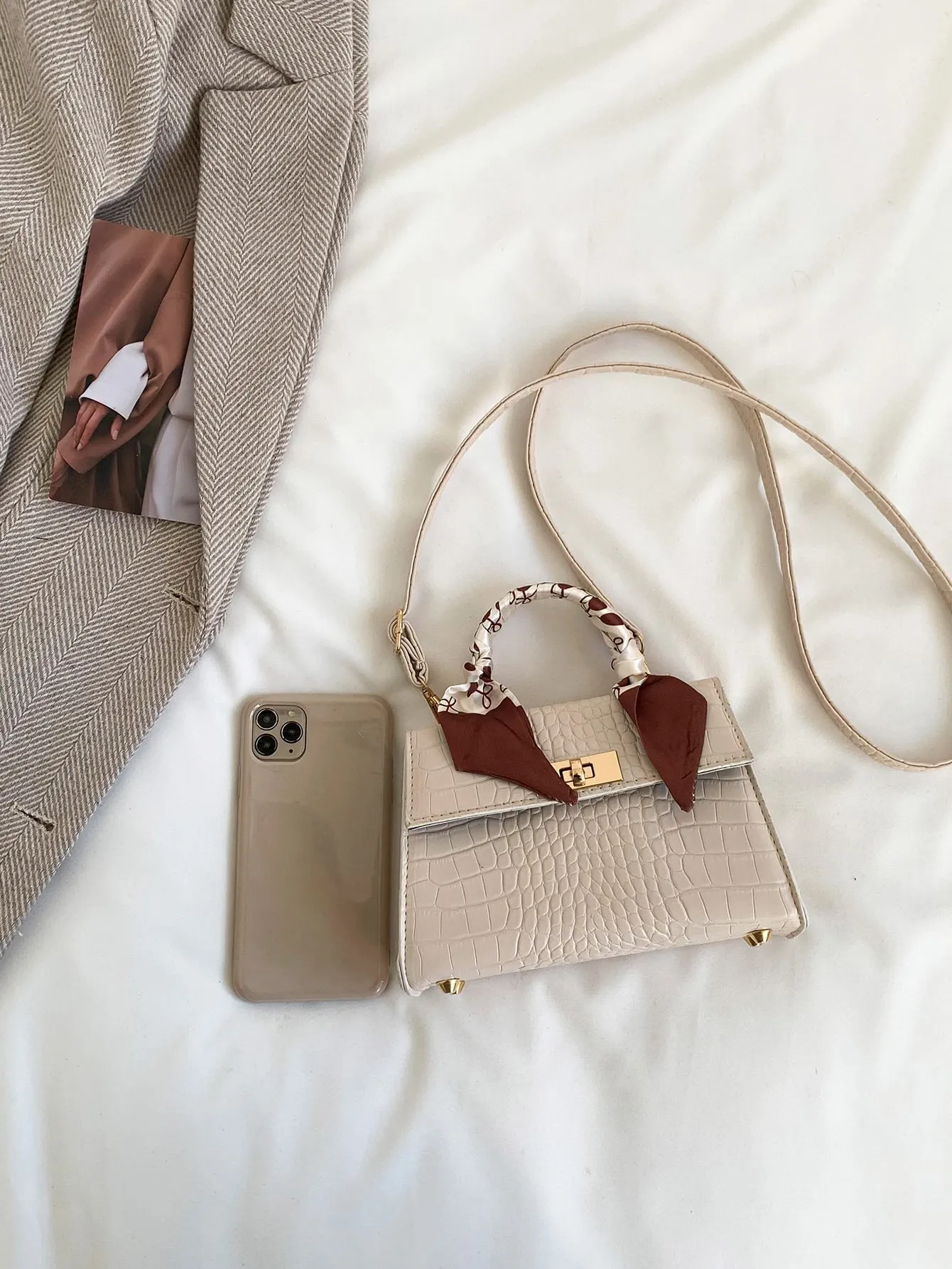 Crocodile Embossed Twill Scarf Decor Square Bag - Beige