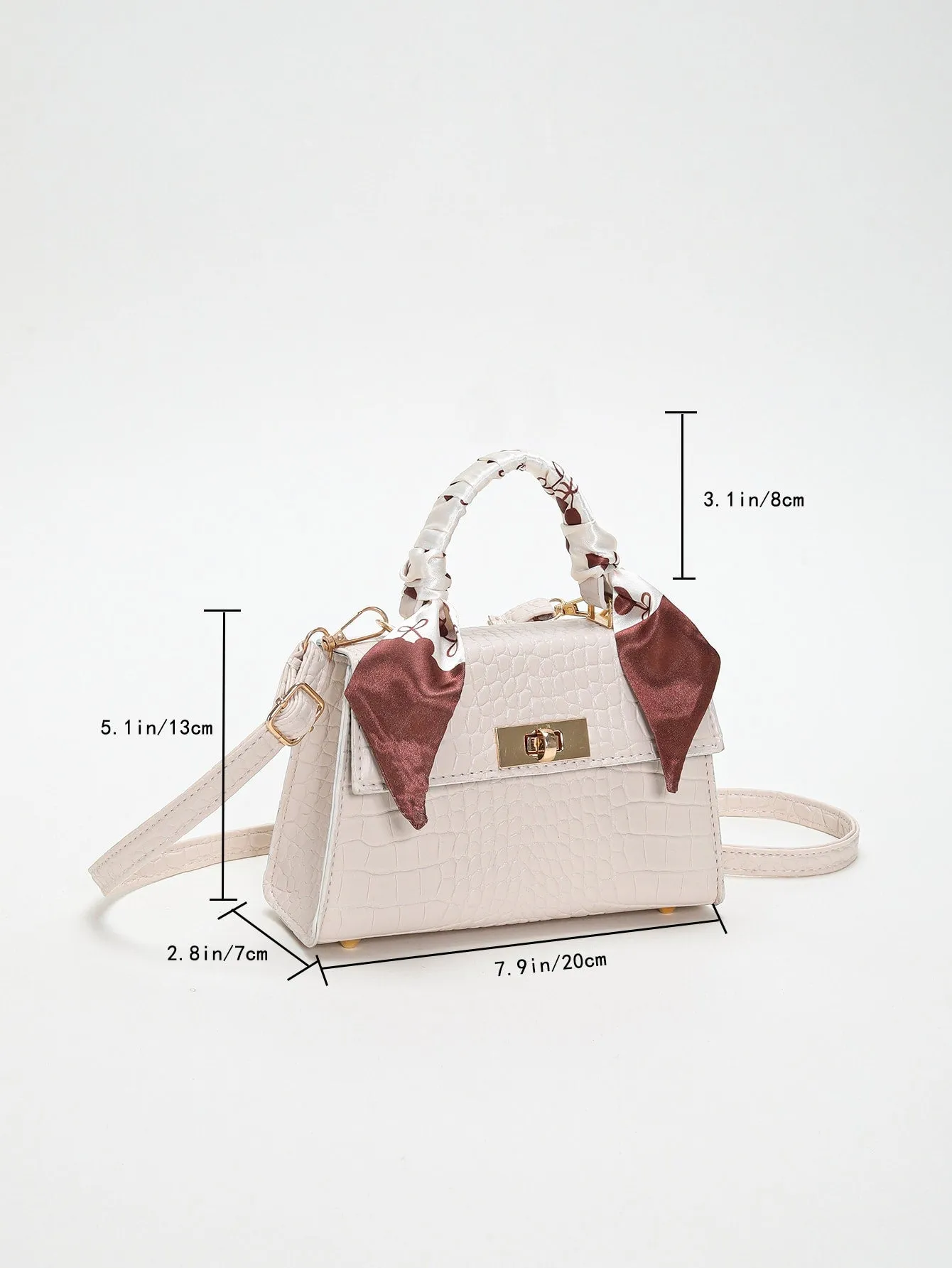 Crocodile Embossed Twill Scarf Decor Square Bag - Beige