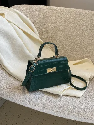 Crocodile Embossed Twist Lock Flap Square Bag - Dark Green