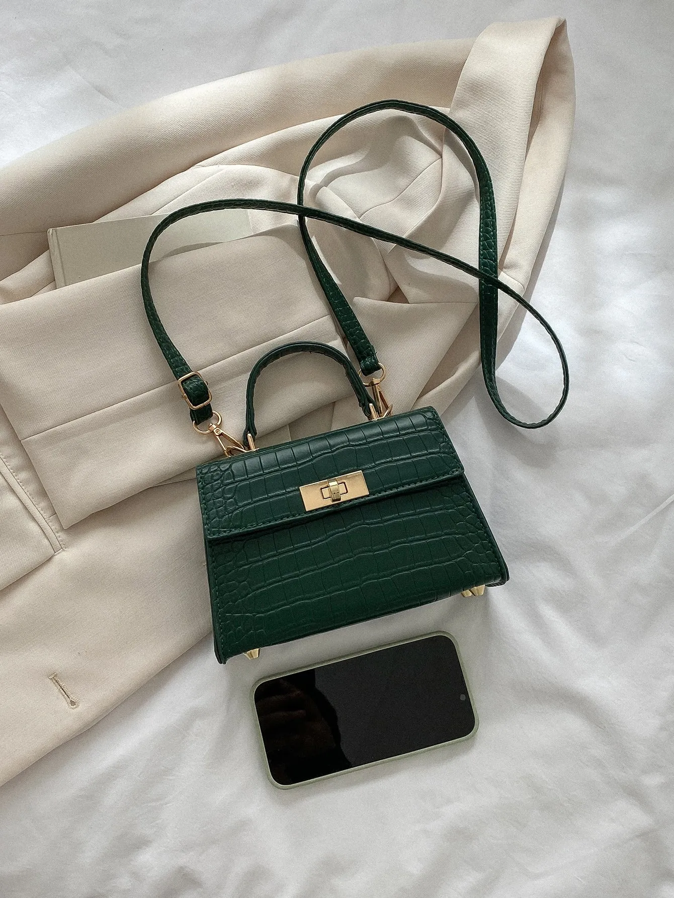 Crocodile Embossed Twist Lock Flap Square Bag - Dark Green