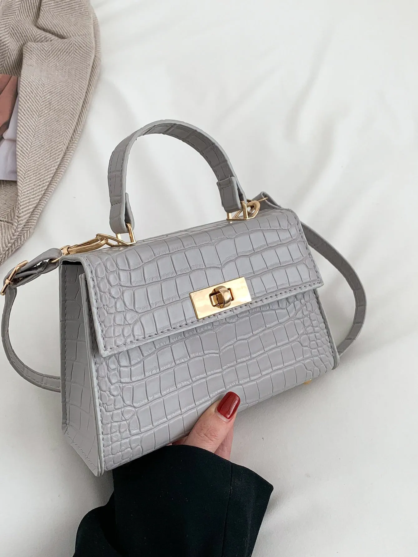 Crocodile Embossed Twist Lock Flap Square Bag - Grey