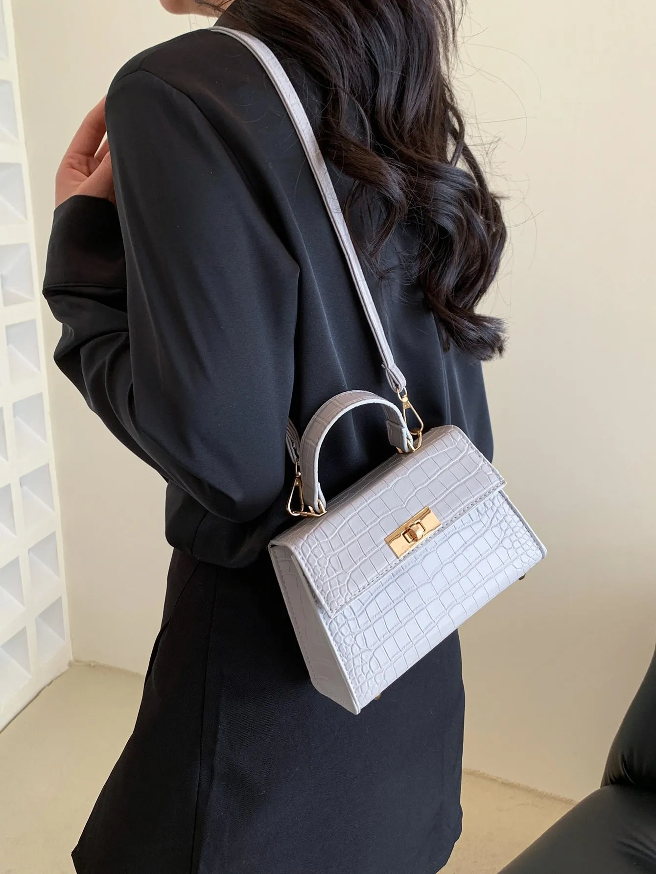 Crocodile Embossed Twist Lock Flap Square Bag - Grey