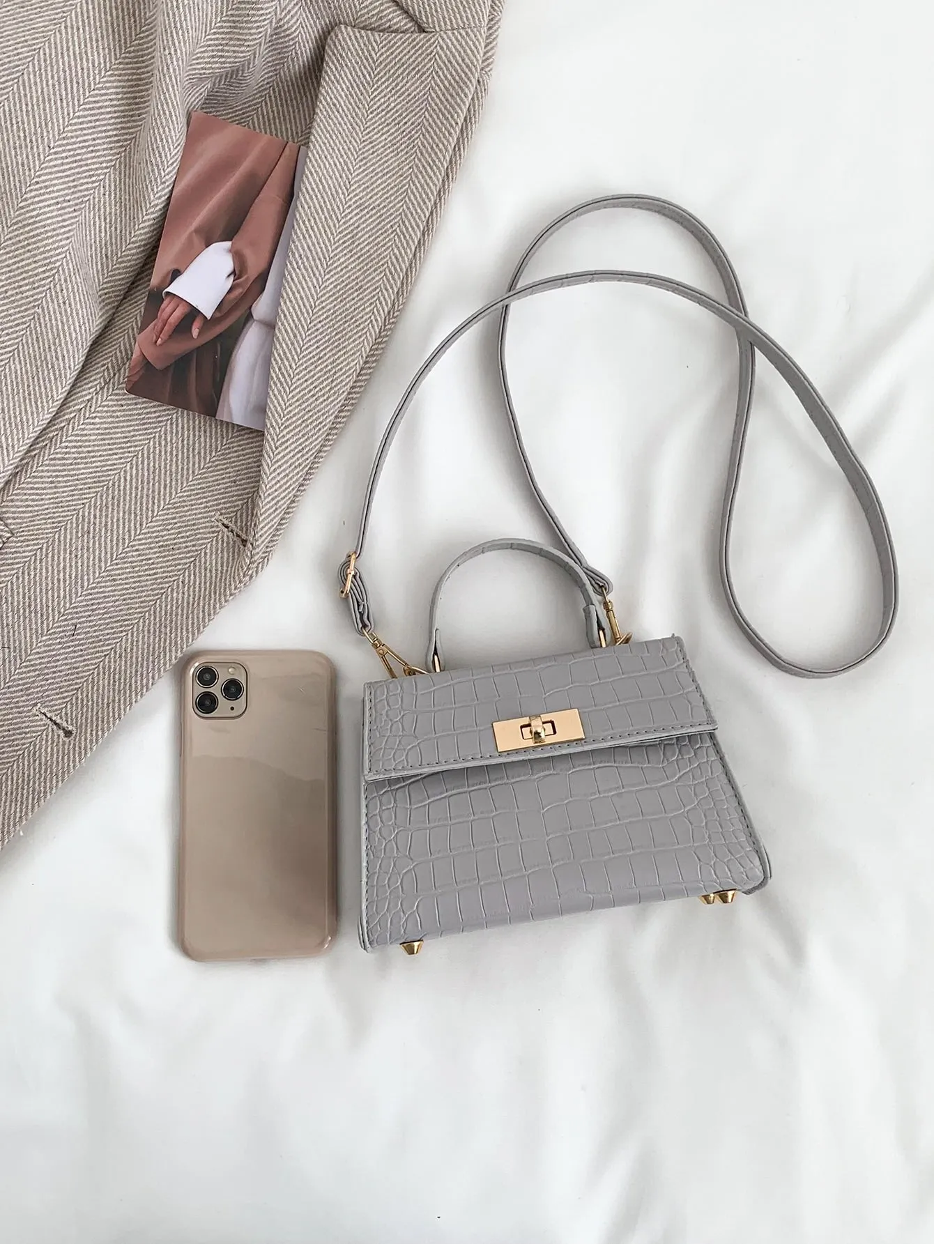 Crocodile Embossed Twist Lock Flap Square Bag - Grey