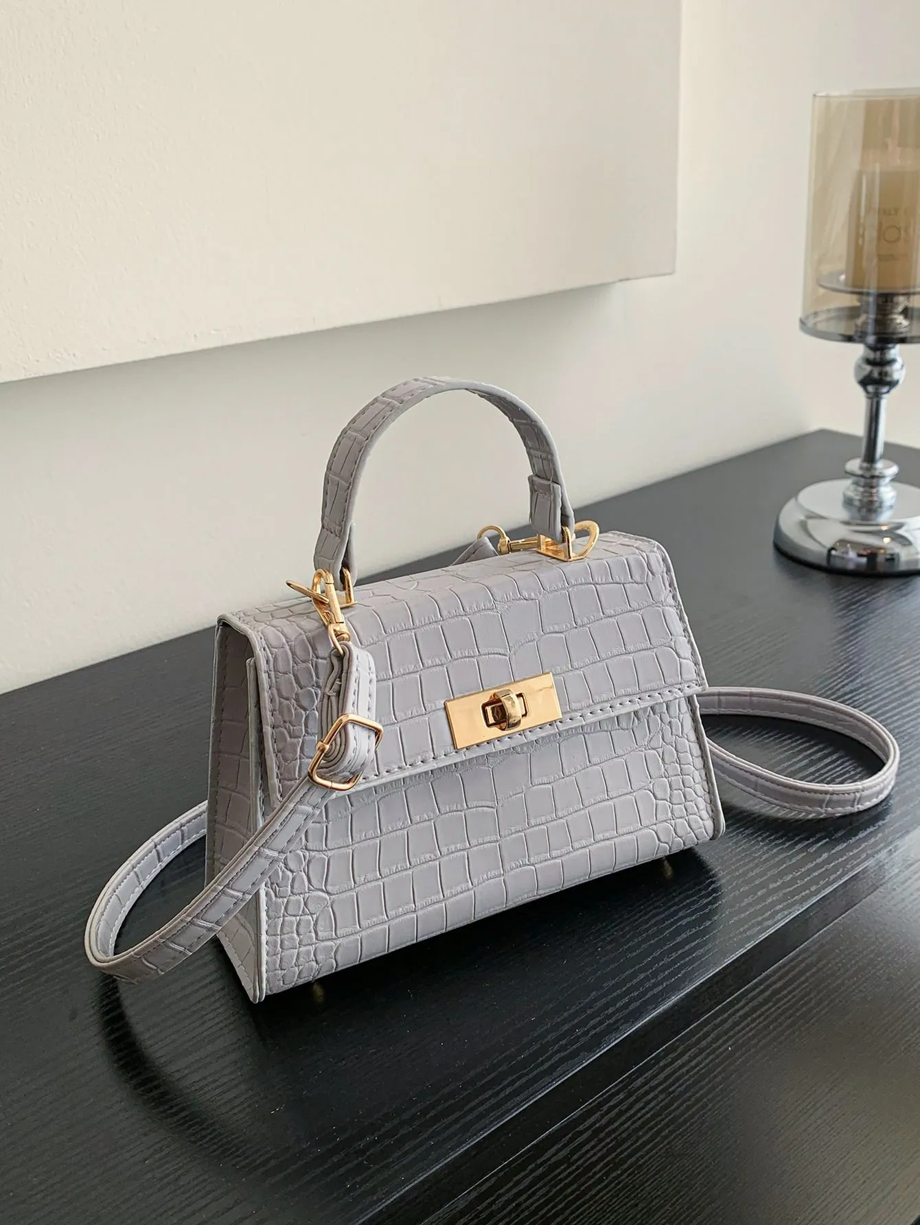 Crocodile Embossed Twist Lock Flap Square Bag - Grey
