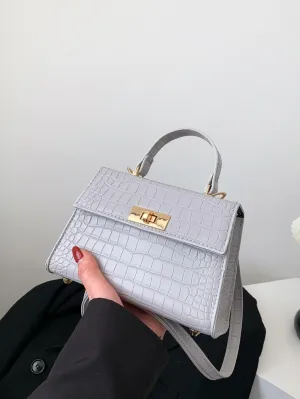 Crocodile Embossed Twist Lock Flap Square Bag - Grey