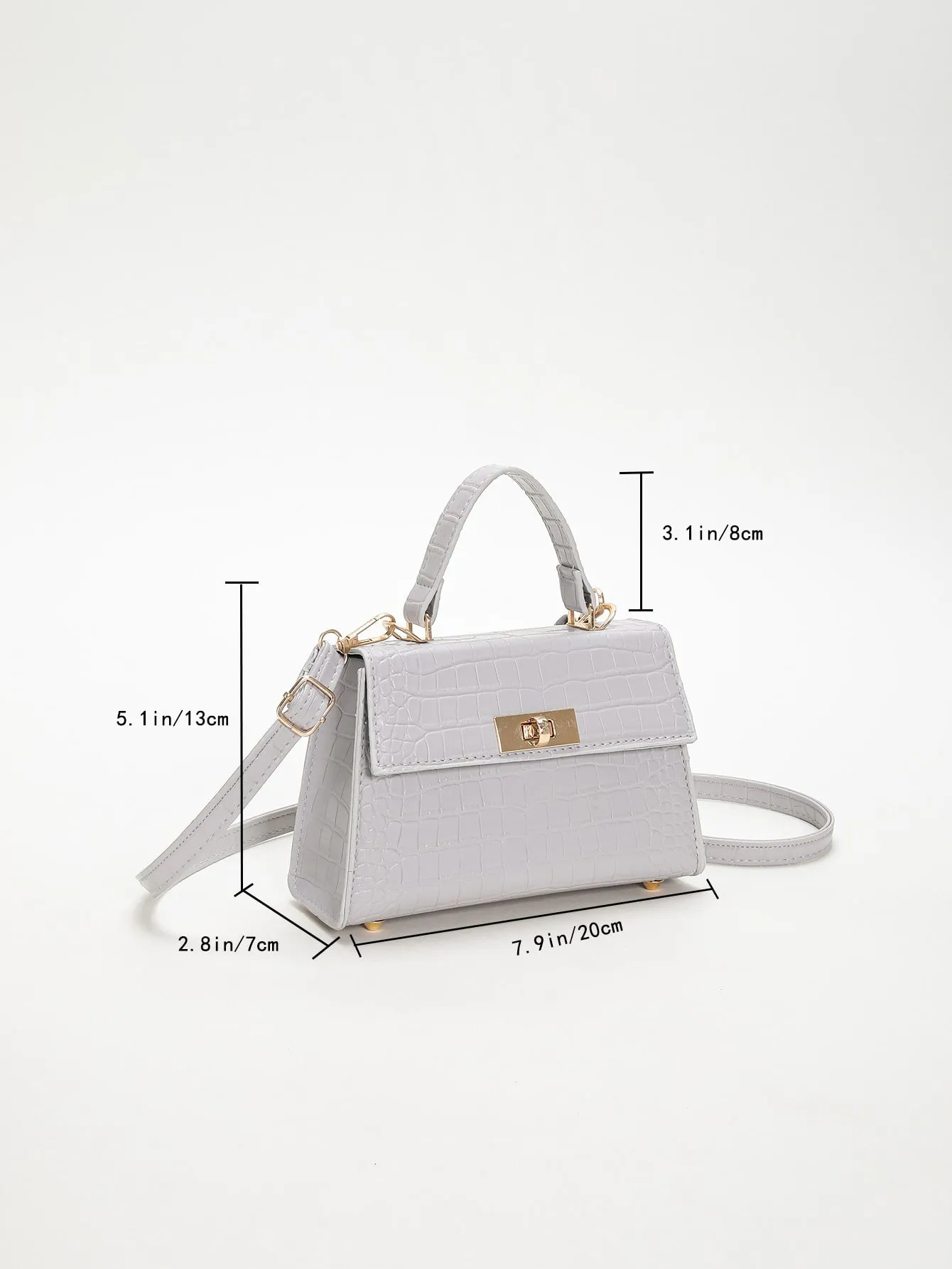 Crocodile Embossed Twist Lock Flap Square Bag - Grey