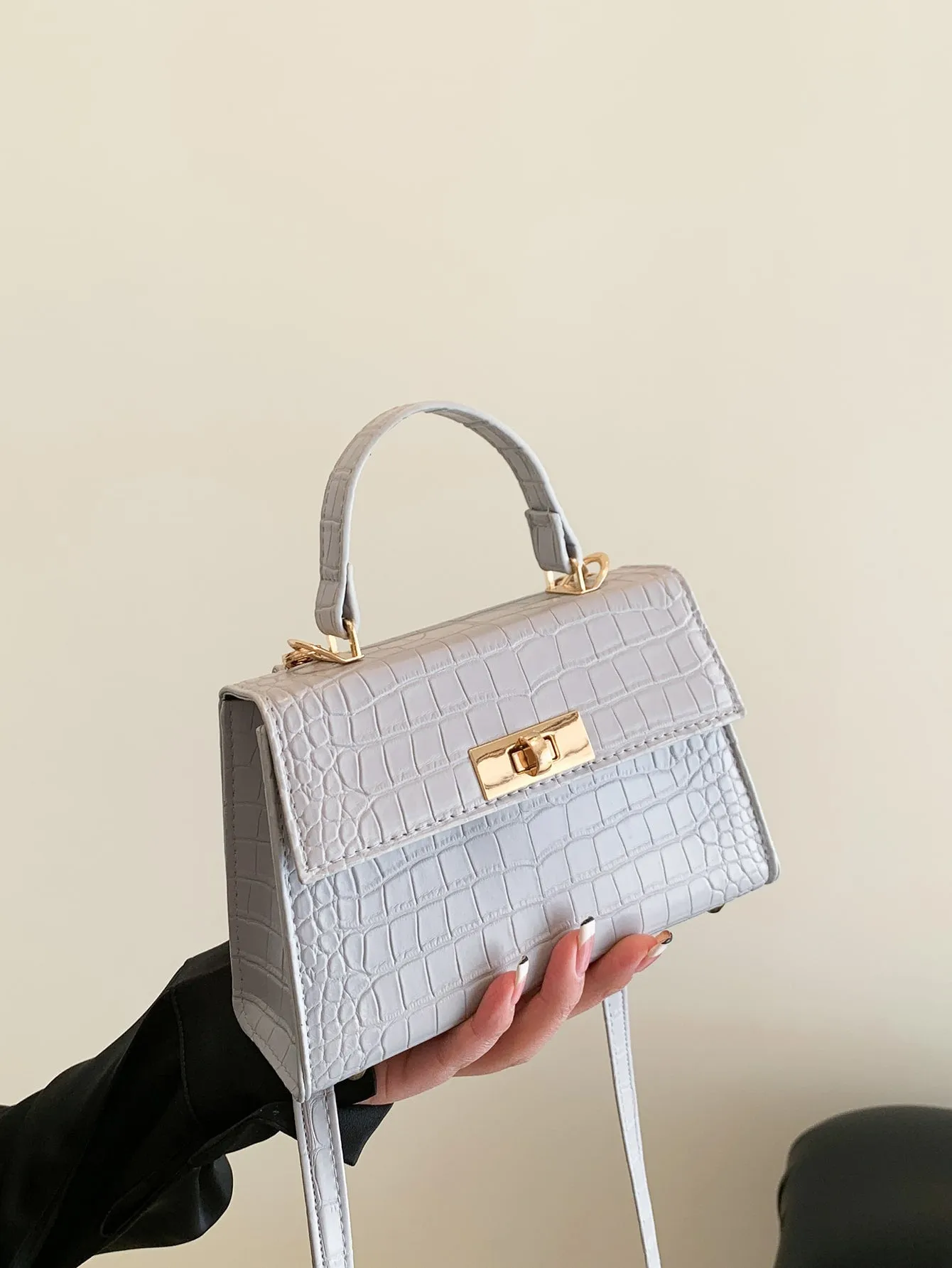 Crocodile Embossed Twist Lock Flap Square Bag - Grey