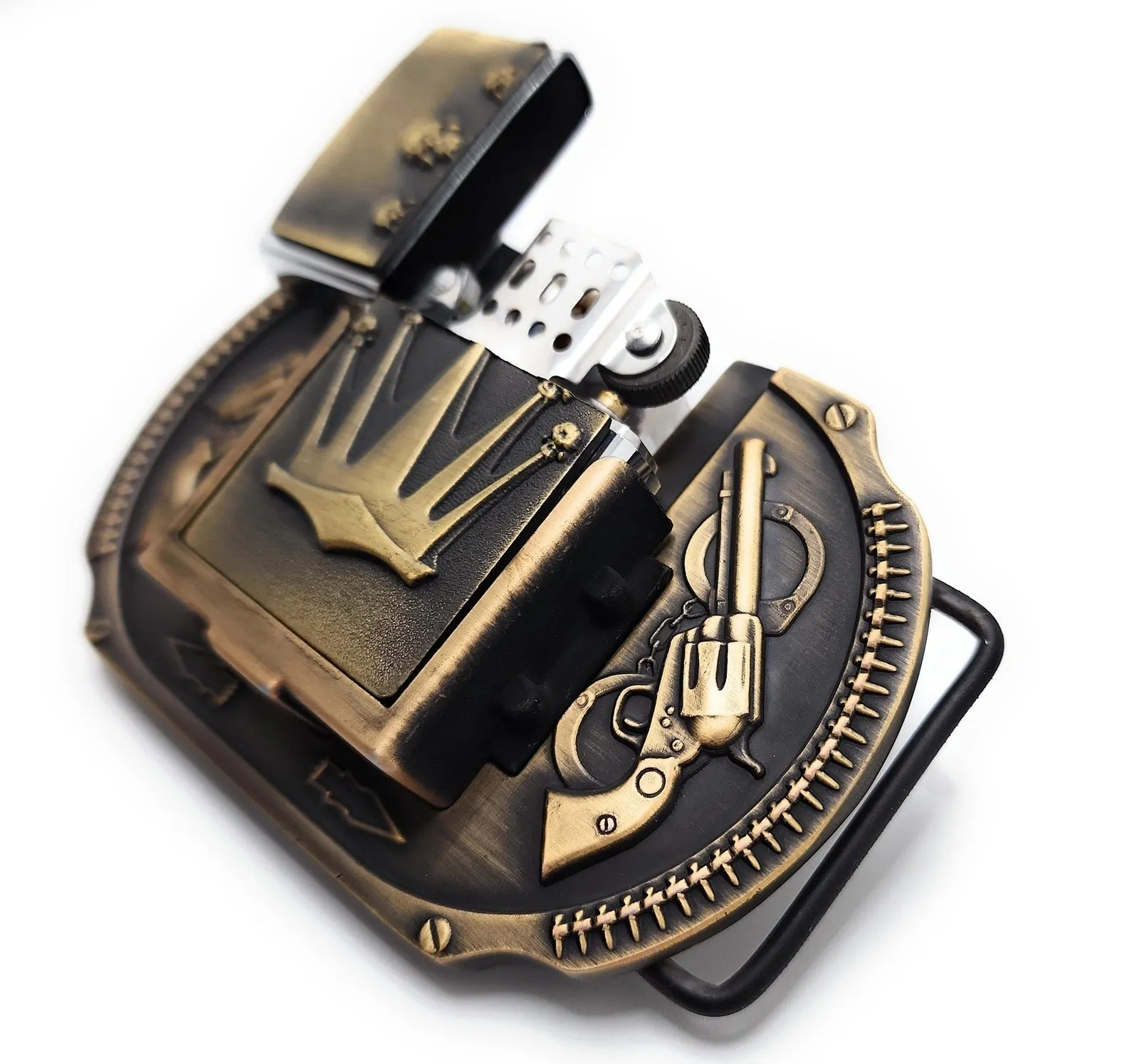 Crown & Revolvers Lighter Belt Buckle Bronze Lighter Holder