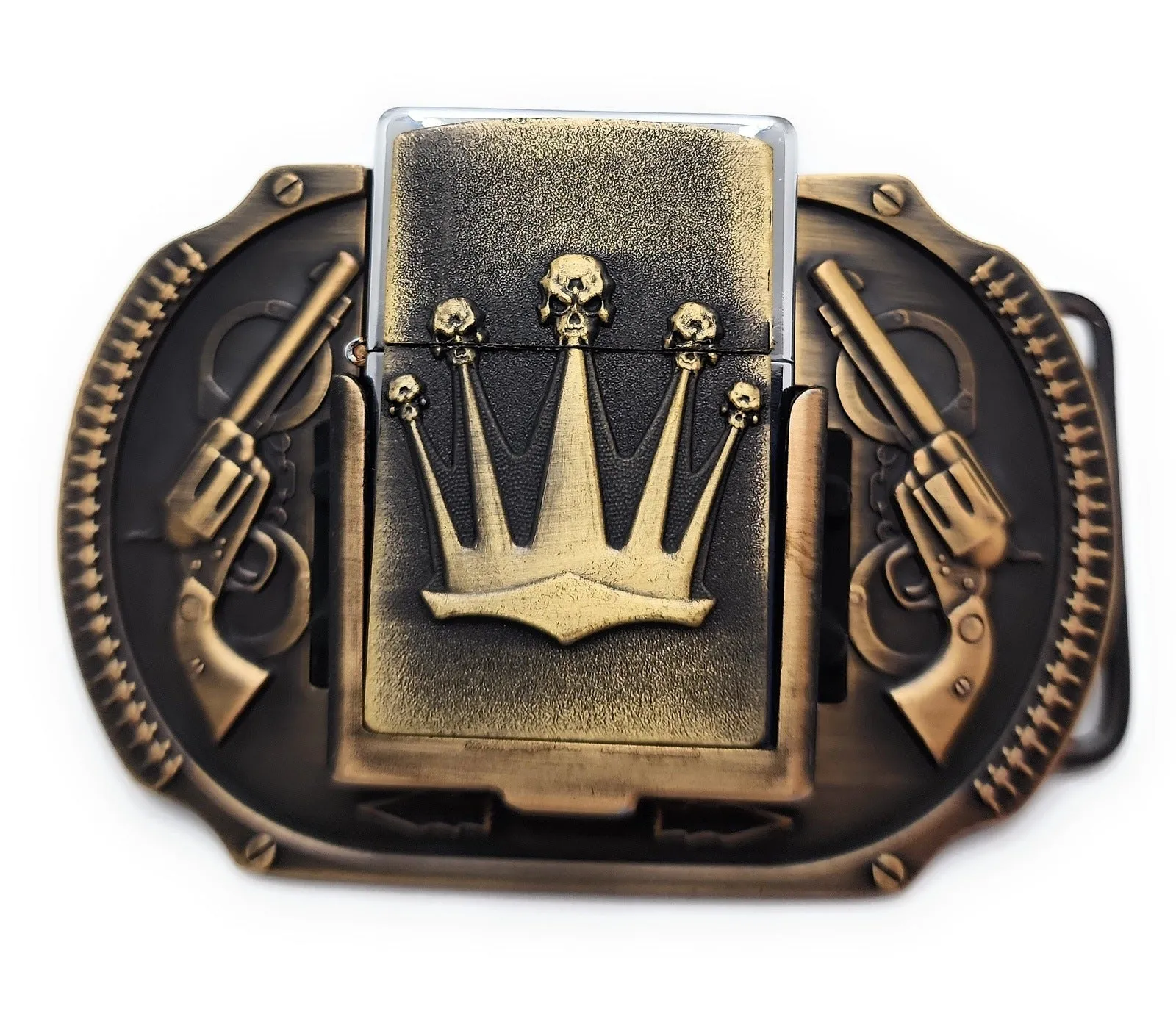 Crown & Revolvers Lighter Belt Buckle Bronze Lighter Holder