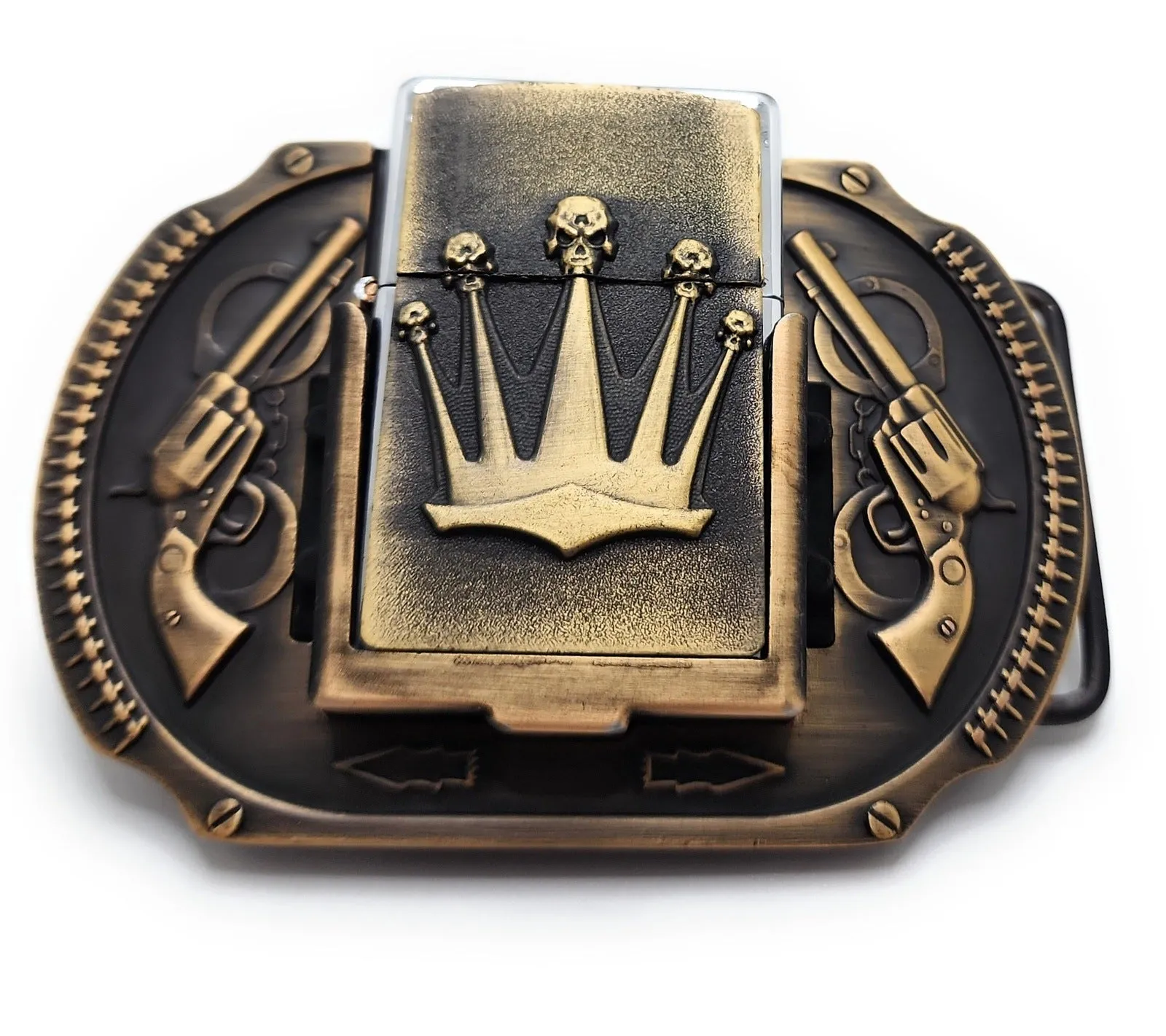Crown & Revolvers Lighter Belt Buckle Bronze Lighter Holder