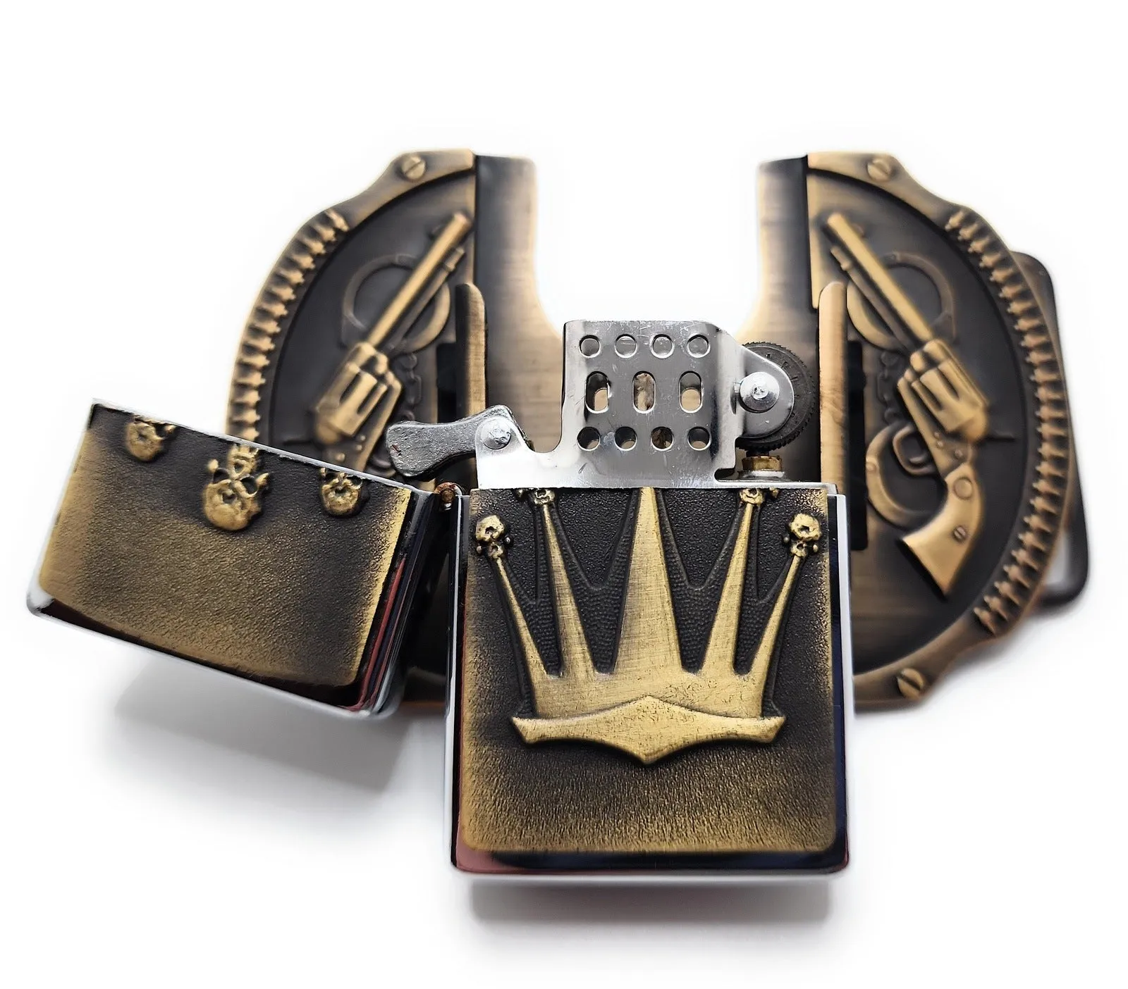 Crown & Revolvers Lighter Belt Buckle Bronze Lighter Holder