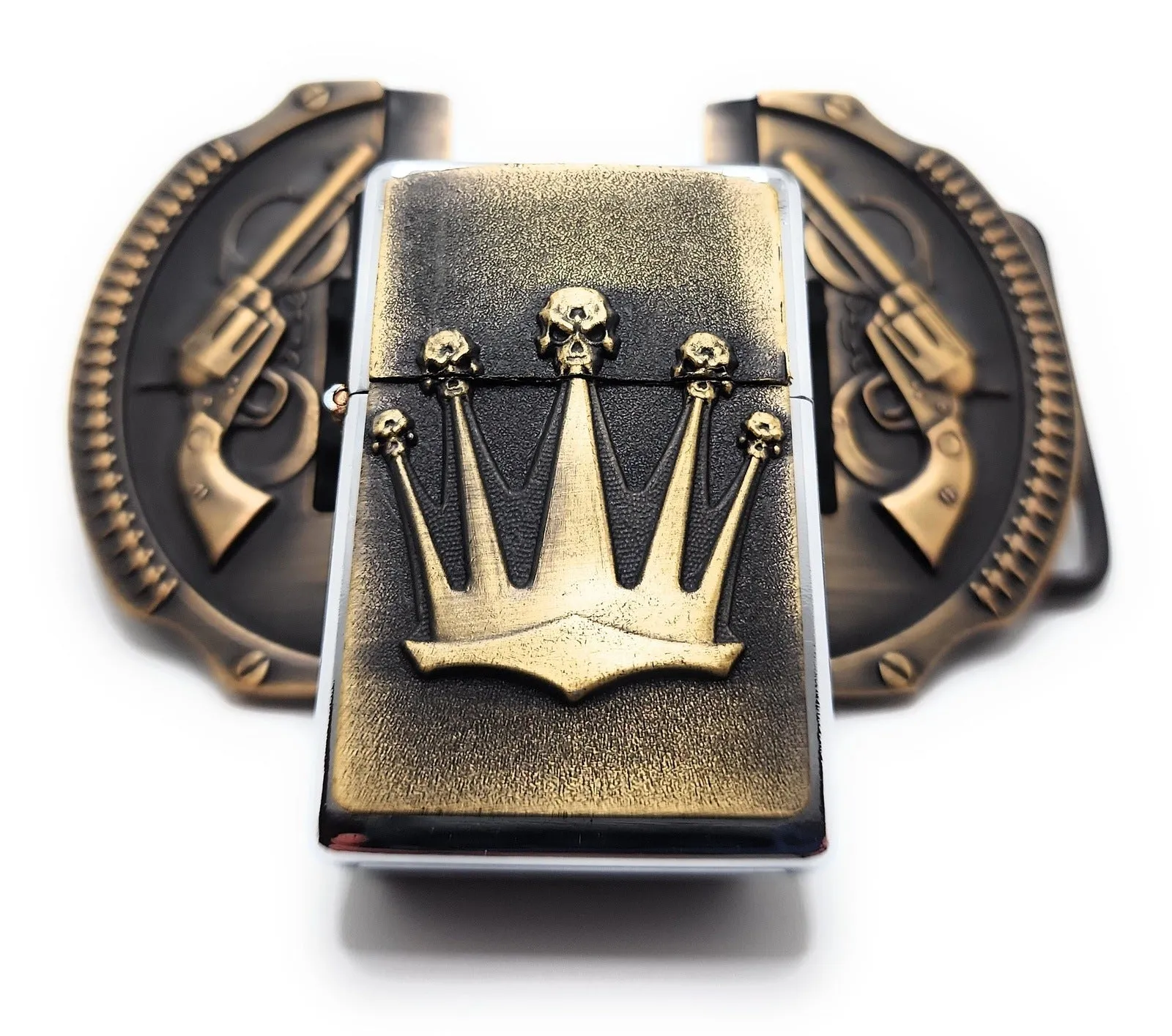 Crown & Revolvers Lighter Belt Buckle Bronze Lighter Holder