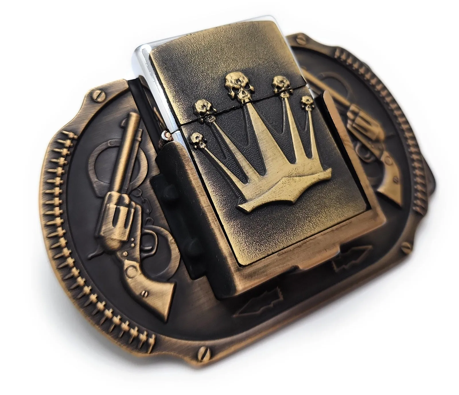 Crown & Revolvers Lighter Belt Buckle Bronze Lighter Holder